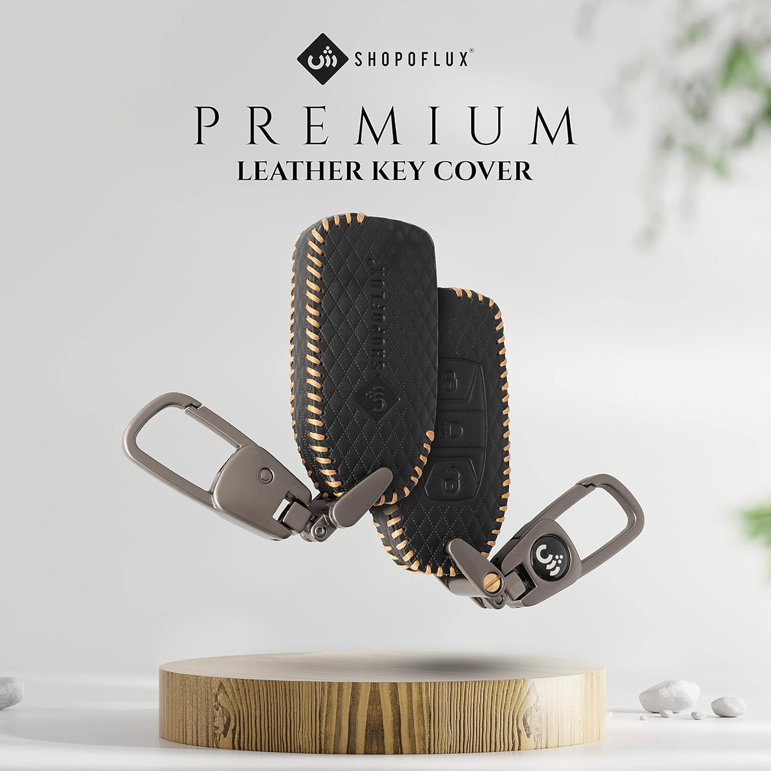 Shopoflux® Leather Key Cover Compatible with Tata Tiago | Nexon | Altroz | Safari | Storme | Zest | Bolt | Tigor | Punch | Hexa 3 Button Flip Key Black
