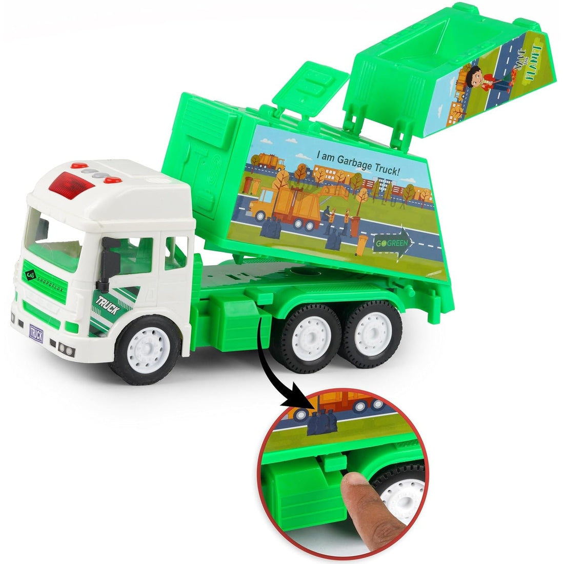 SHOPOFLUX Construction Garbage Truck Toy with Light & Sound, Friction Powered City Clean Up Push and Go Truck Toys for Kids, Boys and Girls Aged 3+ Year Garbage Truck