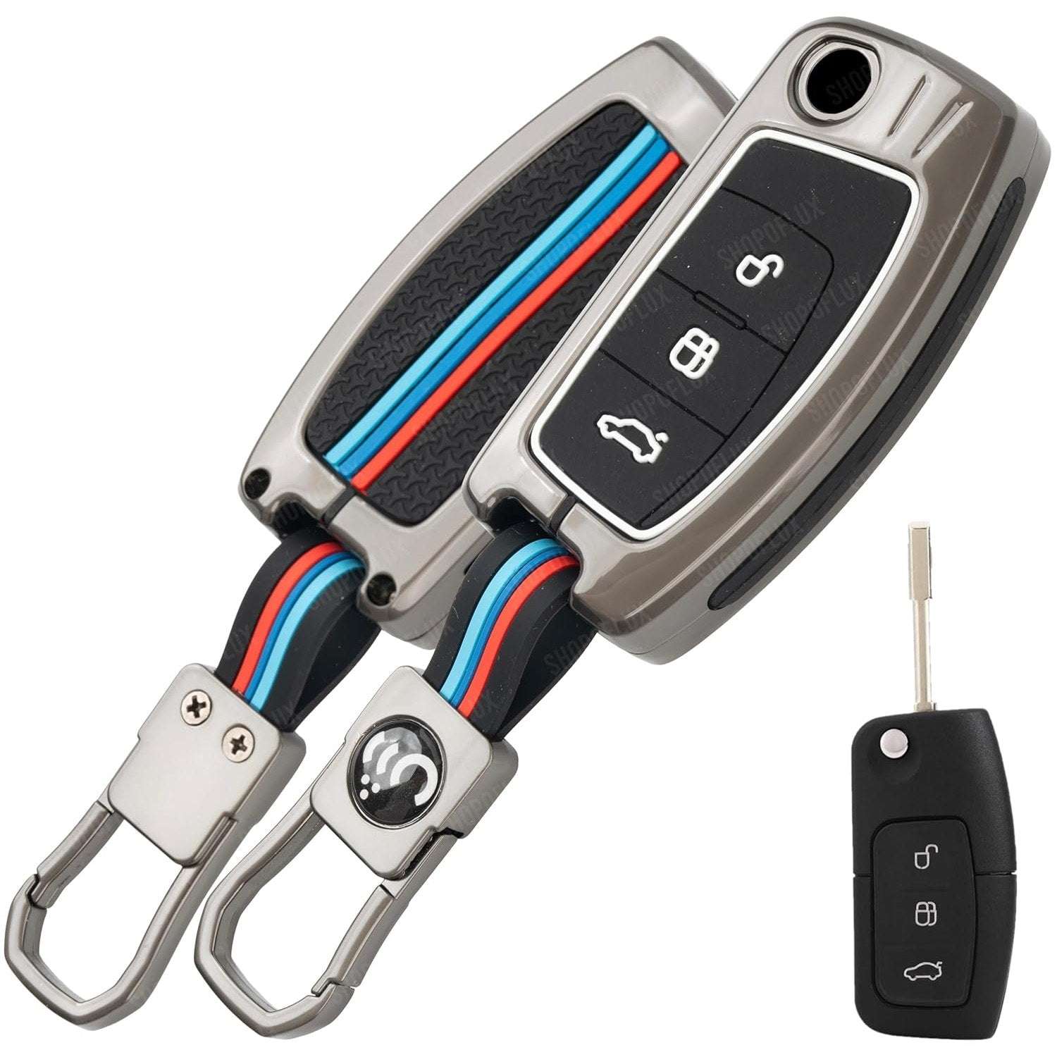 SHOPOFLUX Metal Key Cover Compatible for Ford Old Ecosport | Fiesta | Figo 3 Button Flip Key