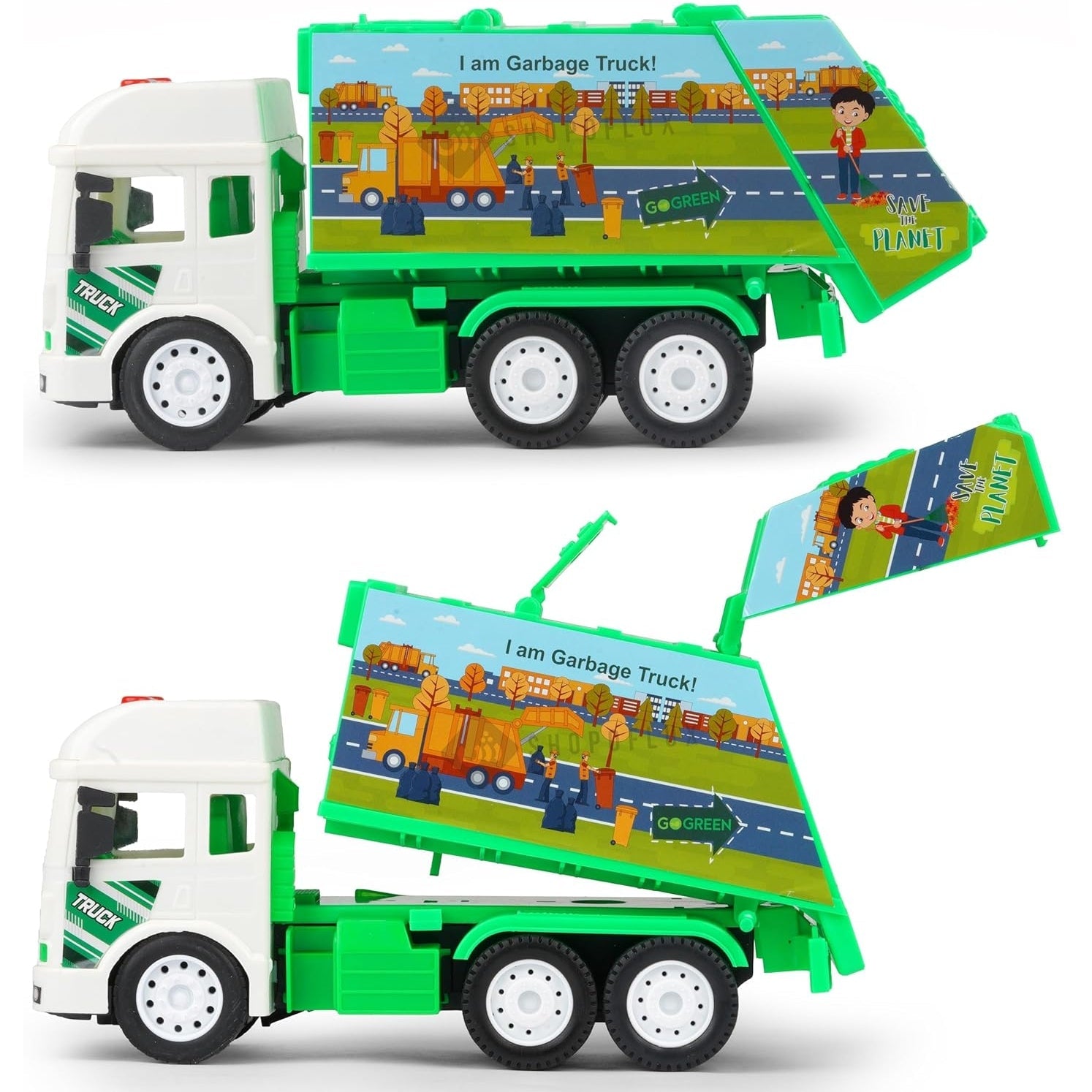 SHOPOFLUX Construction Garbage Truck Toy with Light & Sound, Friction Powered City Clean Up Push and Go Truck Toys for Kids, Boys and Girls Aged 3+ Year Garbage Truck