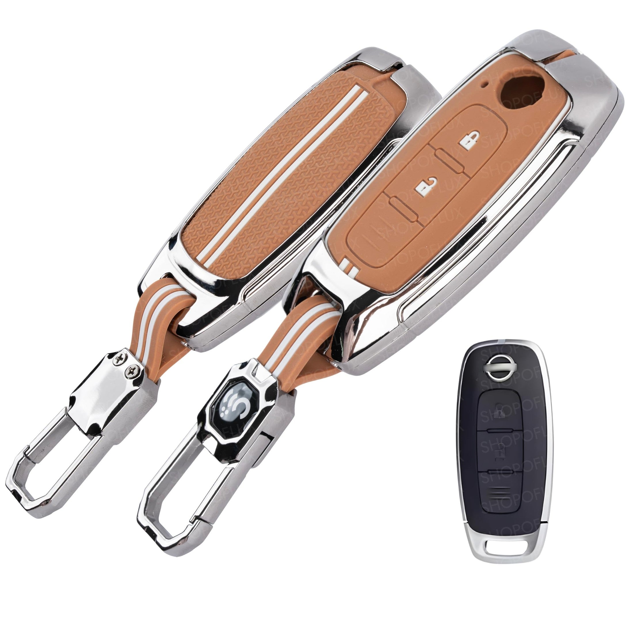 SHOPOFLUX Metal Key Cover Compatible with Nissan Magnite 2 Button Smart Key (Metal Silicone Brown) Shopoflux