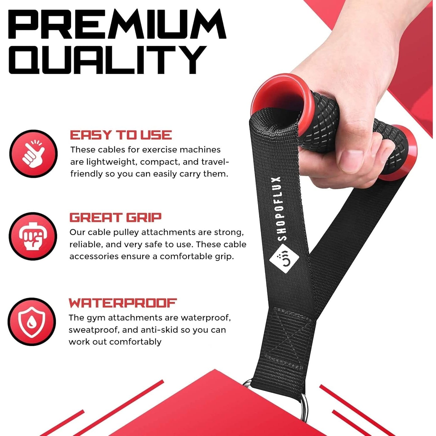 Shopoflux® Heavy Duty Handles with Solid ABS Cores and Welded D-Rings for Gym Machine, Resistance Band, Cable Machines 1 Pair Red