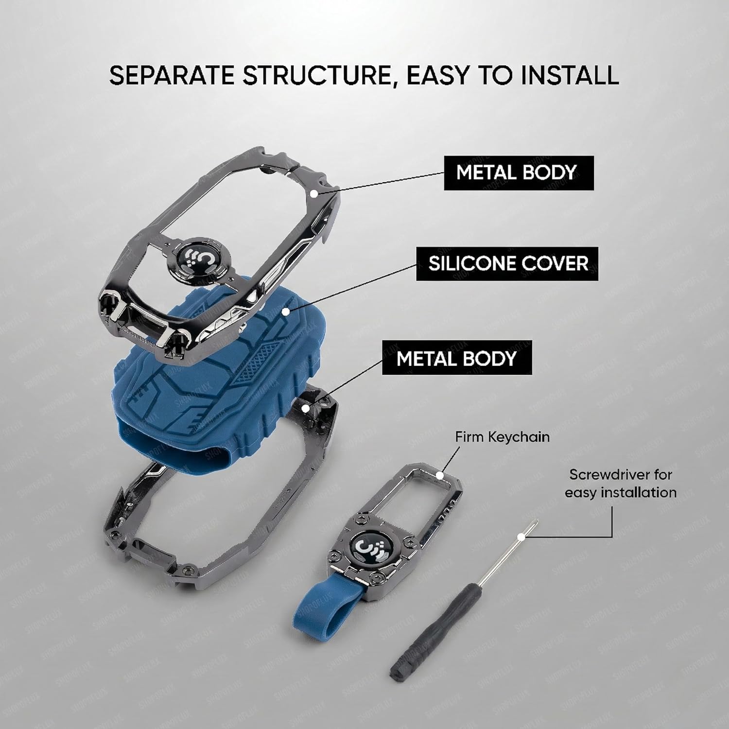 SHOPOFLUX Metal Key Cover Compatible with Mahindra BE 6, XEV 9 EV, XUV 7XO Smart Key (Metal Blue Silicone) Shopoflux