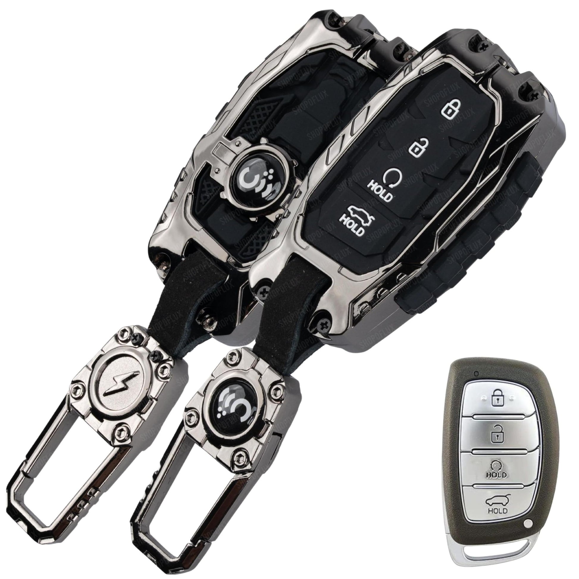 SHOPOFLUX Key Cover Compatible with Hyundai Alcazar and Creta ev Car 4 Button Smart Key (Metal Silicone Black) Shopoflux