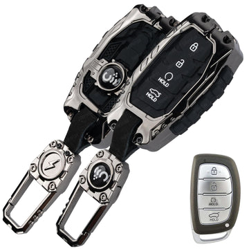 SHOPOFLUX Key Cover Compatible with Hyundai Alcazar and Creta ev Car 4 Button Smart Key (Metal Silicone Black)