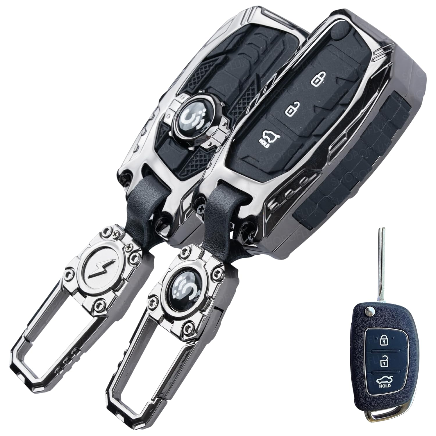 SHOPOFLUX Metal Key Cover for Hyundai Hyundai Creta, Venue, Tucson, Alcazar, I20, Grand i10 Nios, Aura, Xcent, Exter 3 Button Flip Key Only (Metal Black Silicone) Shopoflux