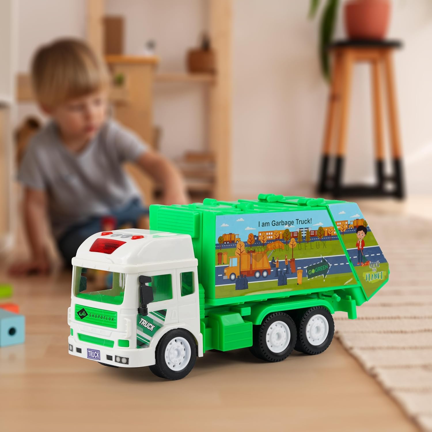 SHOPOFLUX Construction Garbage Truck Toy with Light & Sound, Friction Powered City Clean Up Push and Go Truck Toys for Kids, Boys and Girls Aged 3+ Year Garbage Truck