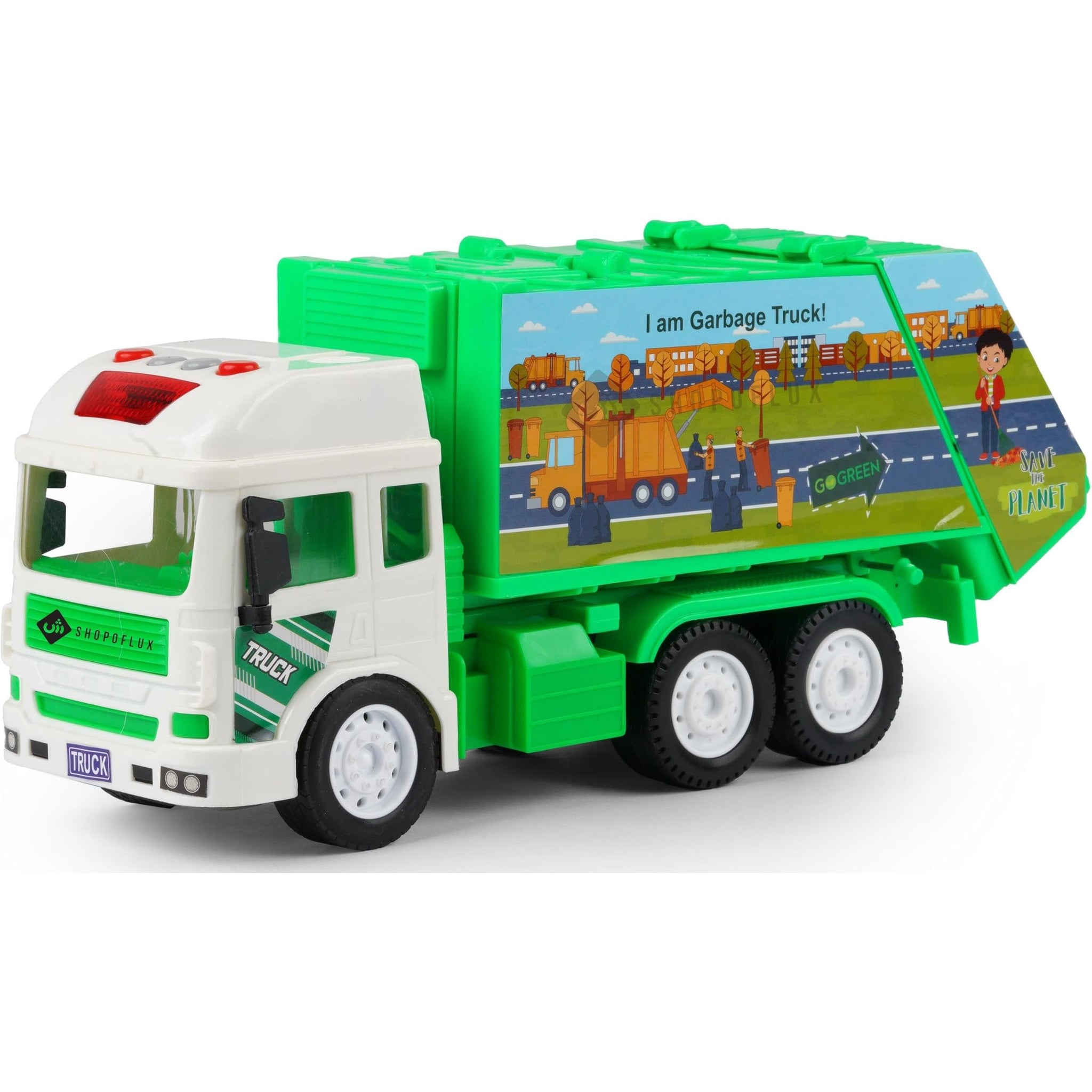 SHOPOFLUX Construction Garbage Truck Toy with Light & Sound, Friction Powered City Clean Up Push and Go Truck Toys for Kids, Boys and Girls Aged 3+ Year (Garbage Truck)