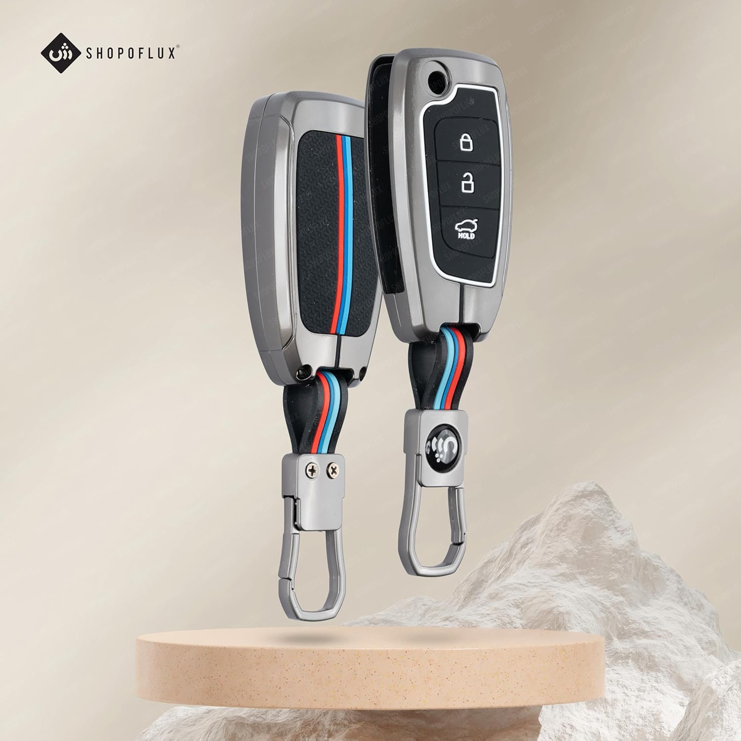 SHOPOFLUX Metal Key Cover Compatible with Hyundai Venue | Verna | i20 N line N6 Car 3 Button Flip Key (Metal Silicone Black) (Copy) Shopoflux