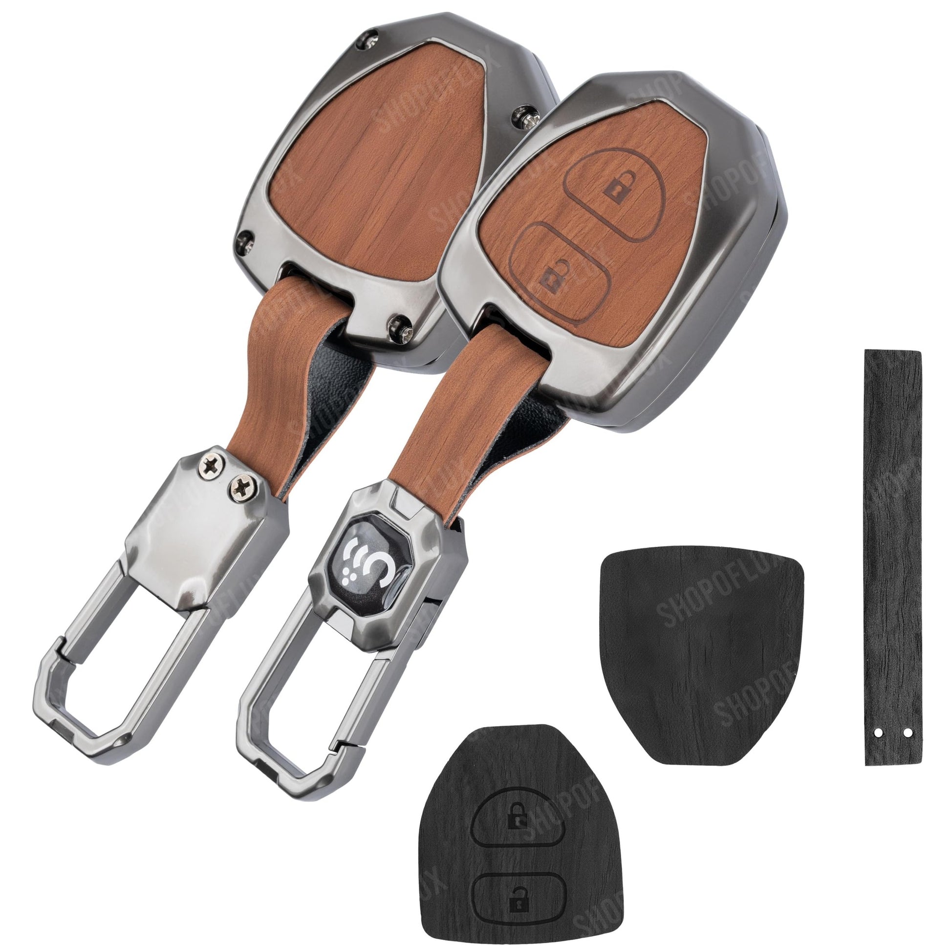 SHOPOFLUX Metal Key Cover Compatible for Toyota Old Innova, Fortuner, Corolla, Camry 2 Button Key (Black Brown Leather) Shopoflux
