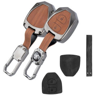 SHOPOFLUX Metal Key Cover Compatible for Toyota Old Innova, Fortuner, Corolla, Camry 2 Button Key (Black Brown Leather)