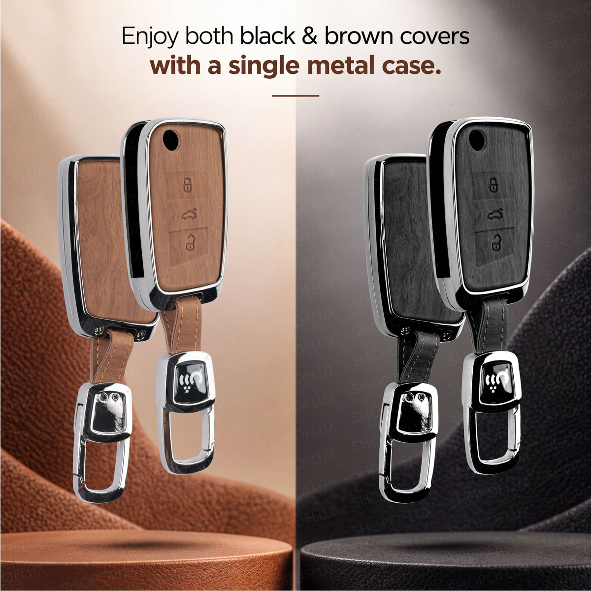 SHOPOFLUX Metal Key Cover Compatible for Skoda & Volkswagen Cars Kylaq | Slavia | Kushaq | Octavia | Virtus | Taigun | Tiguan | T ROC 3 Button Flip Key (Leather Black Brown)