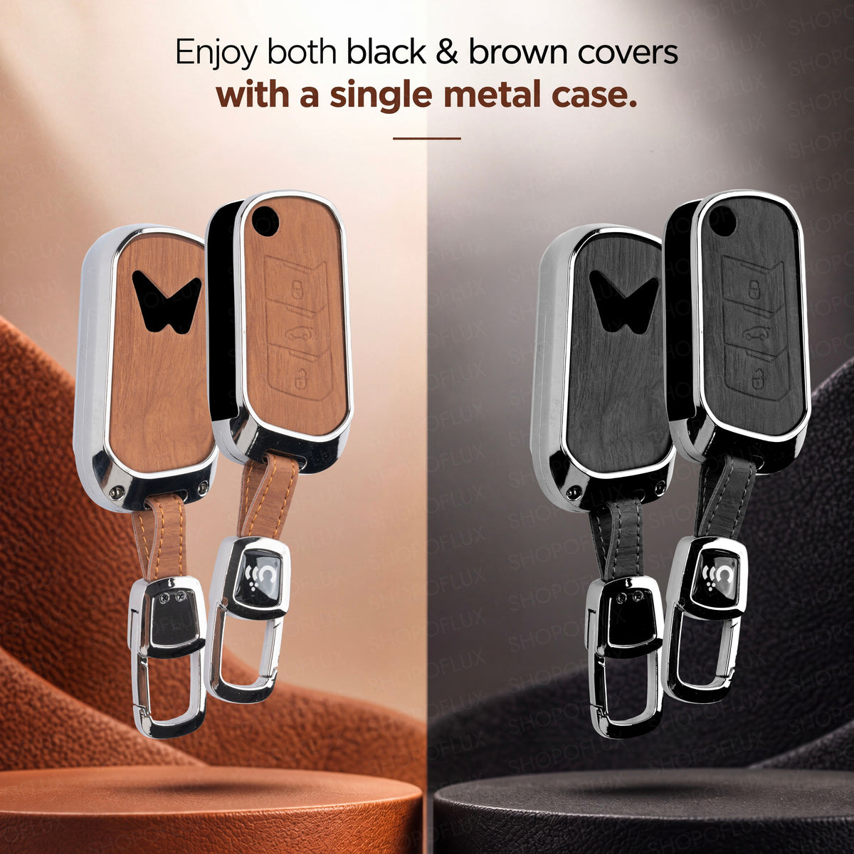 SHOPOFLUX Metal Key Cover Compatible with Mahindra Scorpio N | 3XO | XUV 300 | Marazzo | XUV 700 | XUV 400 ev | Bolero | Thar Roxx 3 Button Flip Key (Leather Black Brown)