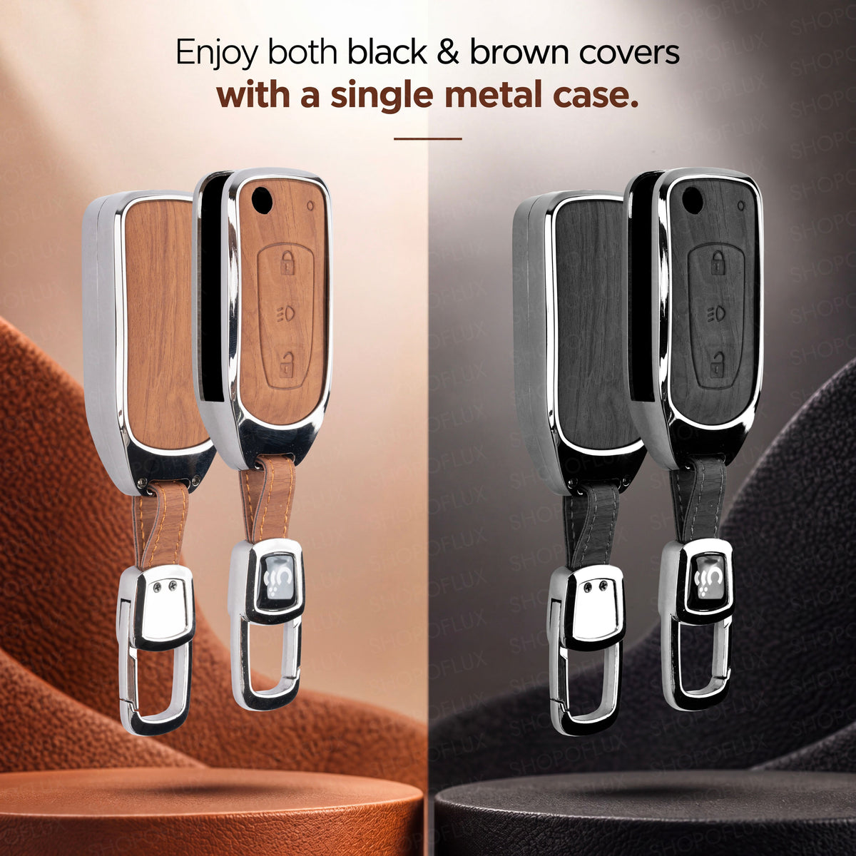 SHOPOFLUX Metal Key Cover Compatible with Tata Tiago | Nexon | Altroz | Curvv | Safari | Storme | Zest | Bolt | Tigor | Punch | Hexa 3 Button Flip Key (Leather Black Brown)