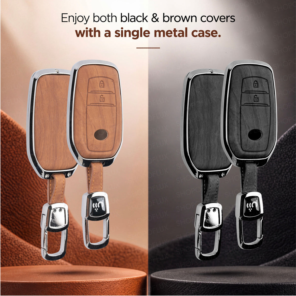 SHOPOFLUX Metal Key Cover Compatible with Toyota Innova Crysta, Hilux, Invicto 2 Button Smart Only (Leather Black Brown)