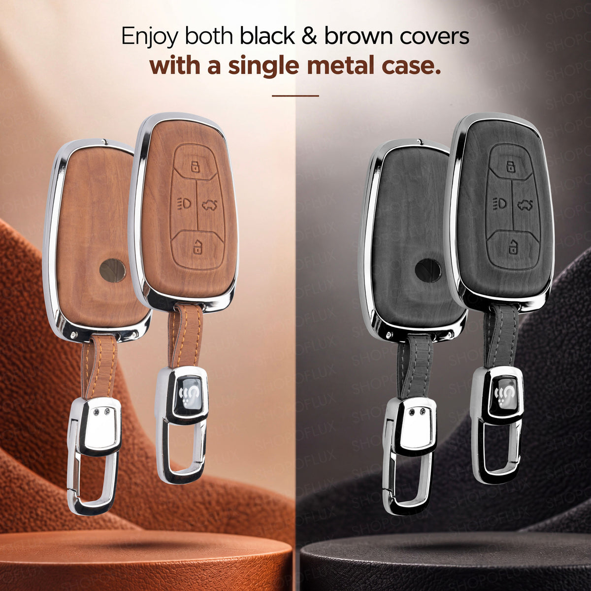 SHOPOFLUX Key Cover Compatible with Tata Nexon | Harrier | Safari | Altroz | Tigor | EV | Punch | Tiago EV Electric 4 Button Smart Key (Leather Black Brown)