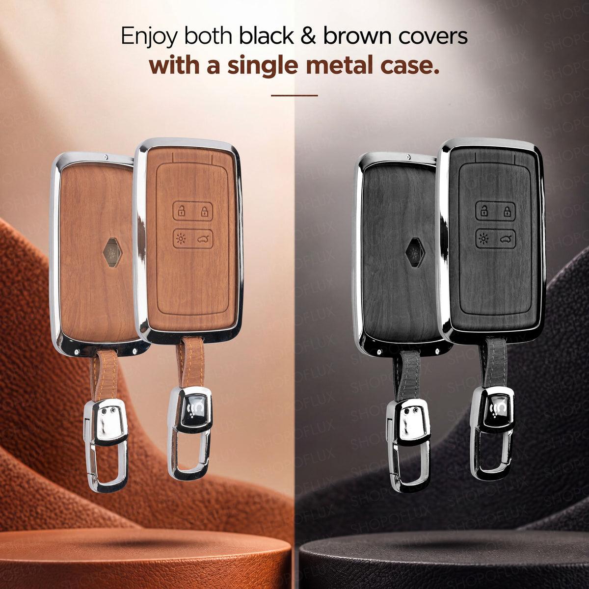 SHOPOFLUX Metal Key Cover Compatible with Renault Triber | Kiger | Duster | Gravite | Nissan Tekton 4 Button Smart Key (Black Brown Leather)