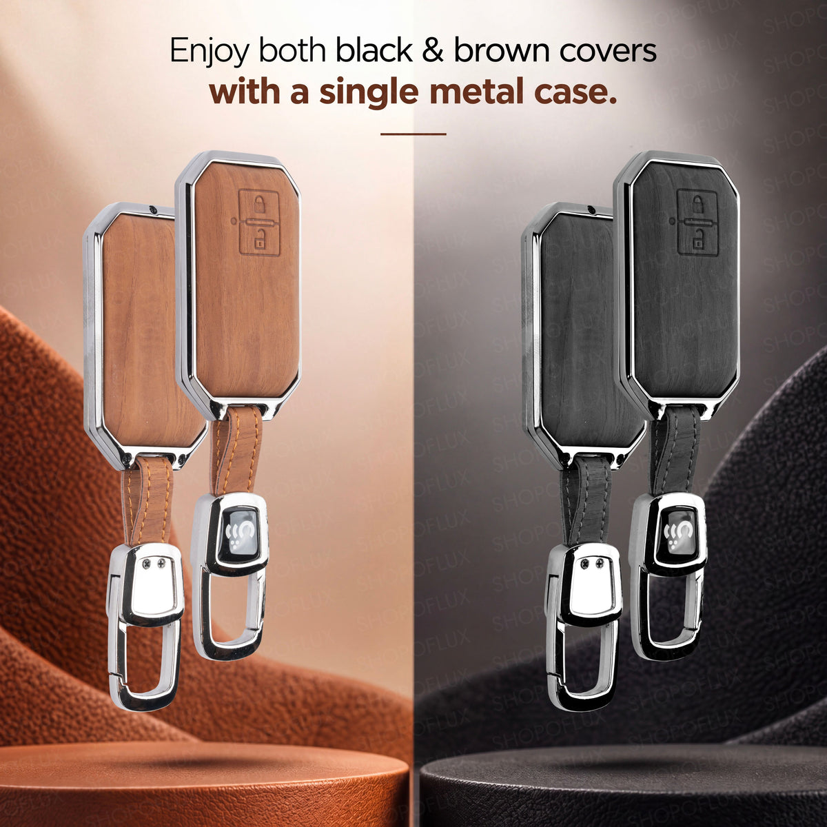 SHOPOFLUX Key Cover Compatible with Baleno, Grand Vitara, XL6, Swift, Brezza, eVitara, Ertiga, Dzire, Fronx, Urban Cruiser, Rumion, Glanza, Hyryder,Victoris 2 Button Key (Metal Leather Black Brown)