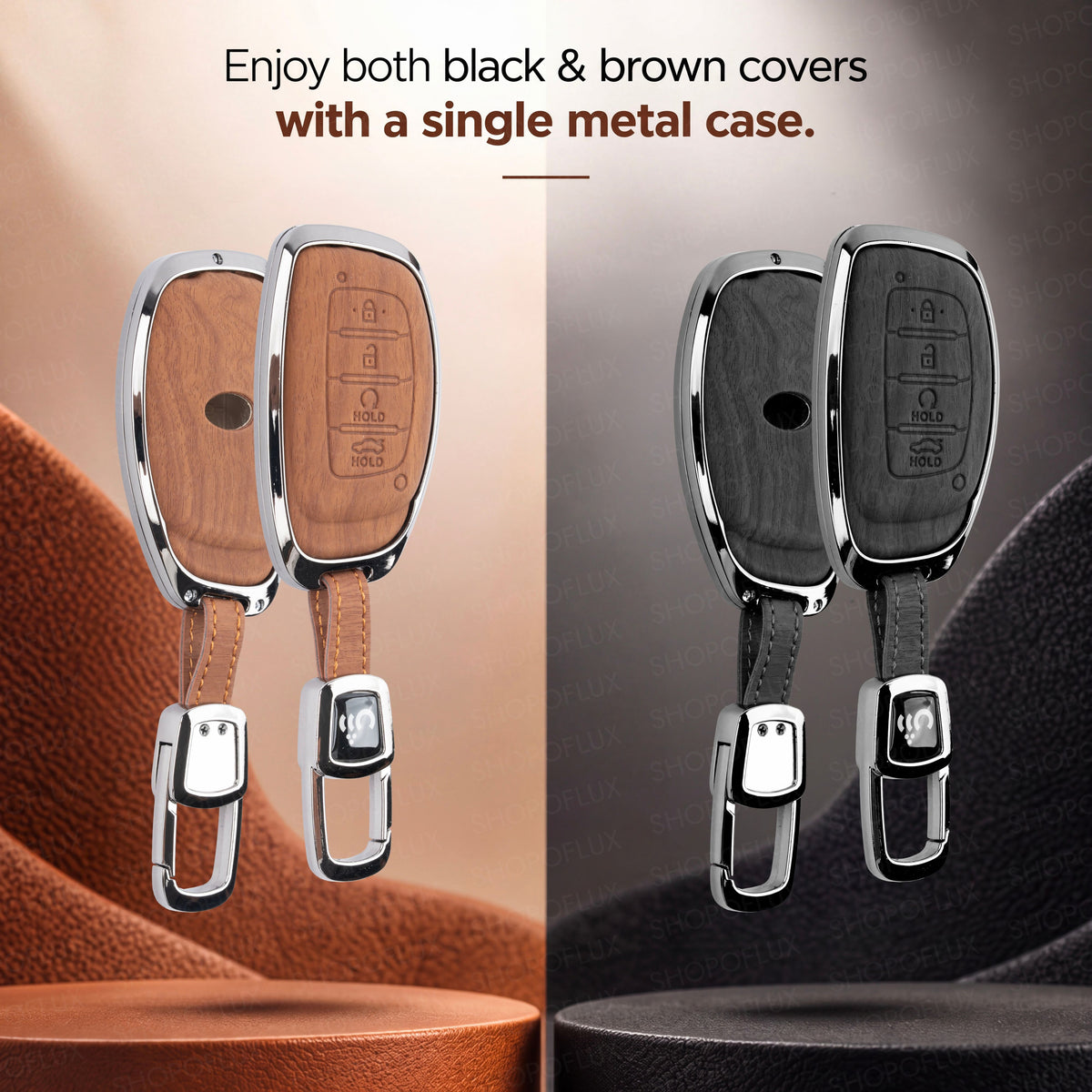 SHOPOFLUX Key Cover Compatible with Hyundai Alcazar and Creta ev Car 4 Button Smart Key (Leather Black Brown)