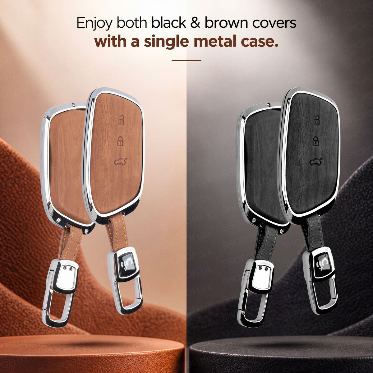 SHOPOFLUX Car Key Cover Compatible for MG Hector | Windsor EV 3 Button Smart Key (Leather Black Brown)
