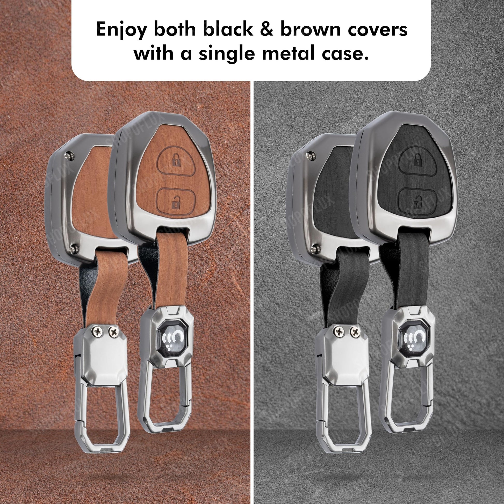 SHOPOFLUX Metal Key Cover Compatible for Toyota Old Innova, Fortuner, Corolla, Camry 2 Button Key (Black Brown Leather) (Copy) Shopoflux