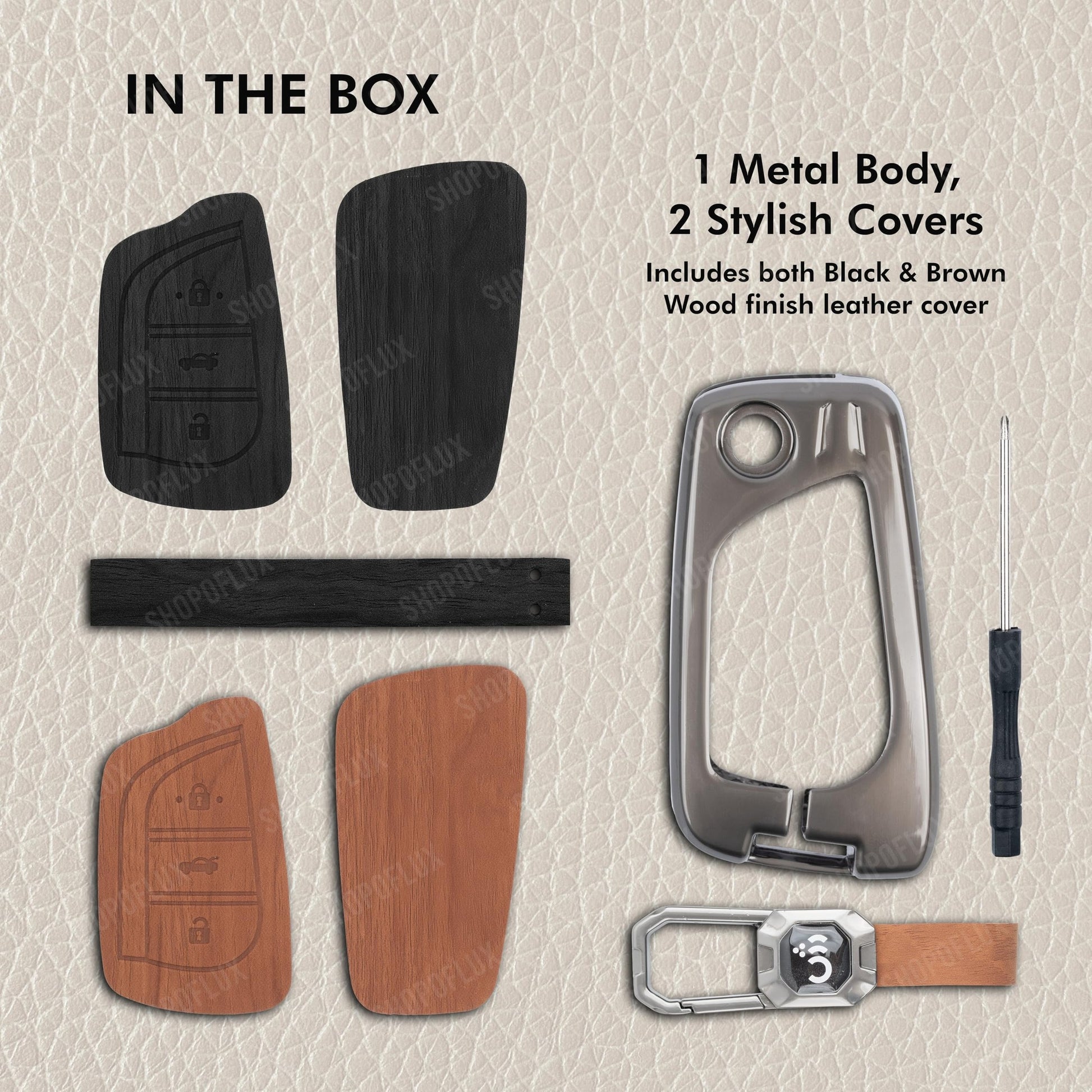 SHOPOFLUX Metal Key Cover Compatible with Toyota Innova Crysta | Corolla Altis 3 Button Flip Key (Black Brown Leather) Shopoflux