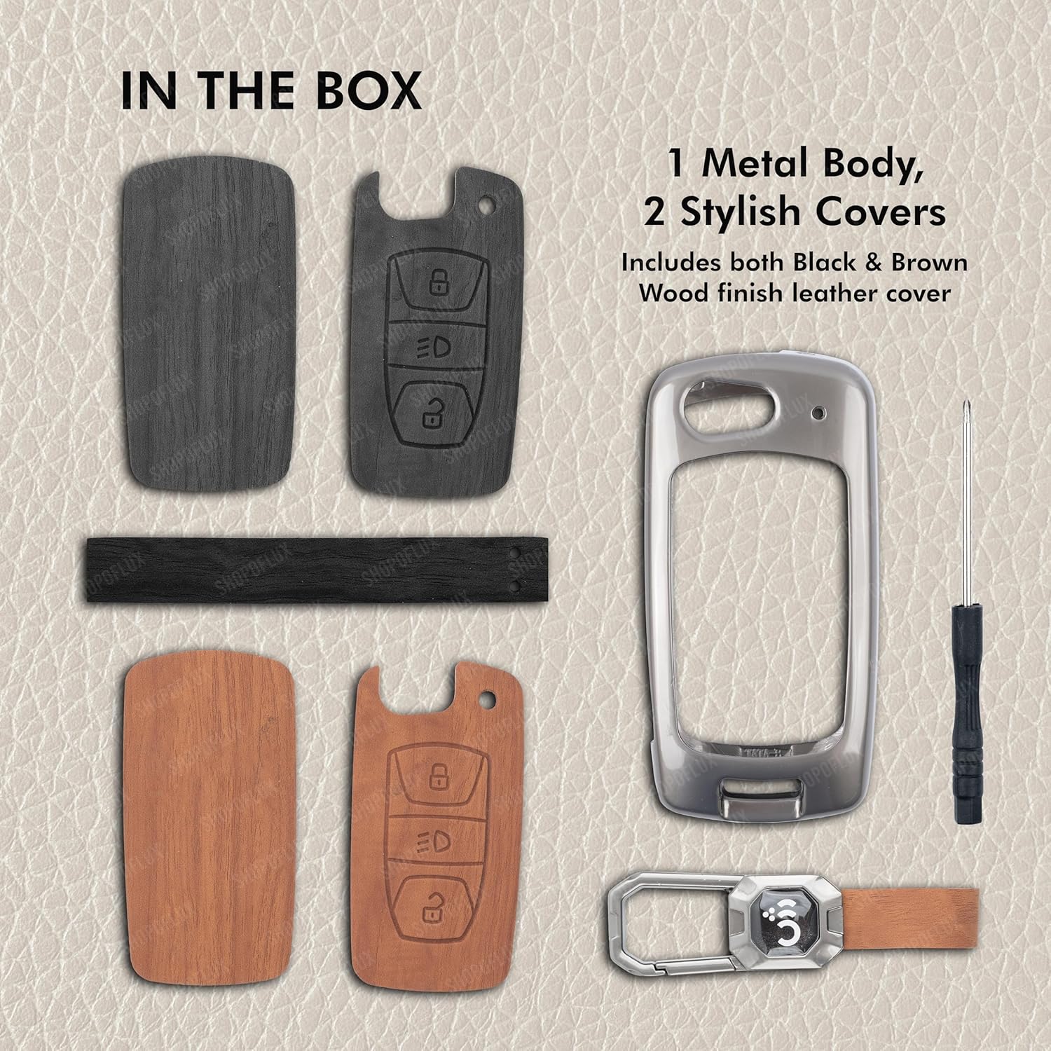 SHOPOFLUX Metal Key Cover Compatible with Tata Tiago | Nexon | Altroz | Curvv | Safari | Storme | Zest | Bolt | Tigor | Punch | Hexa 3 Button Flip Key (Leather Black Brown) Shopoflux