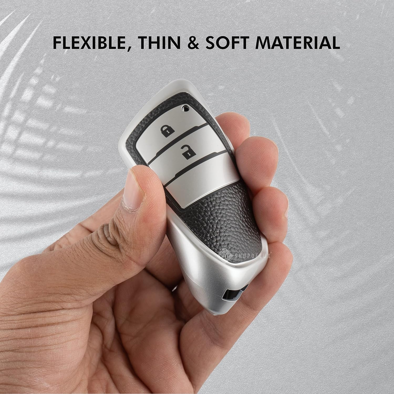 SHOPOFLUX TPU Leather Key Cover Compatible with Toyota Innova Crysta | Hilux 2022 2023 Key Cover 2 Button Smart Key Only Black Silver