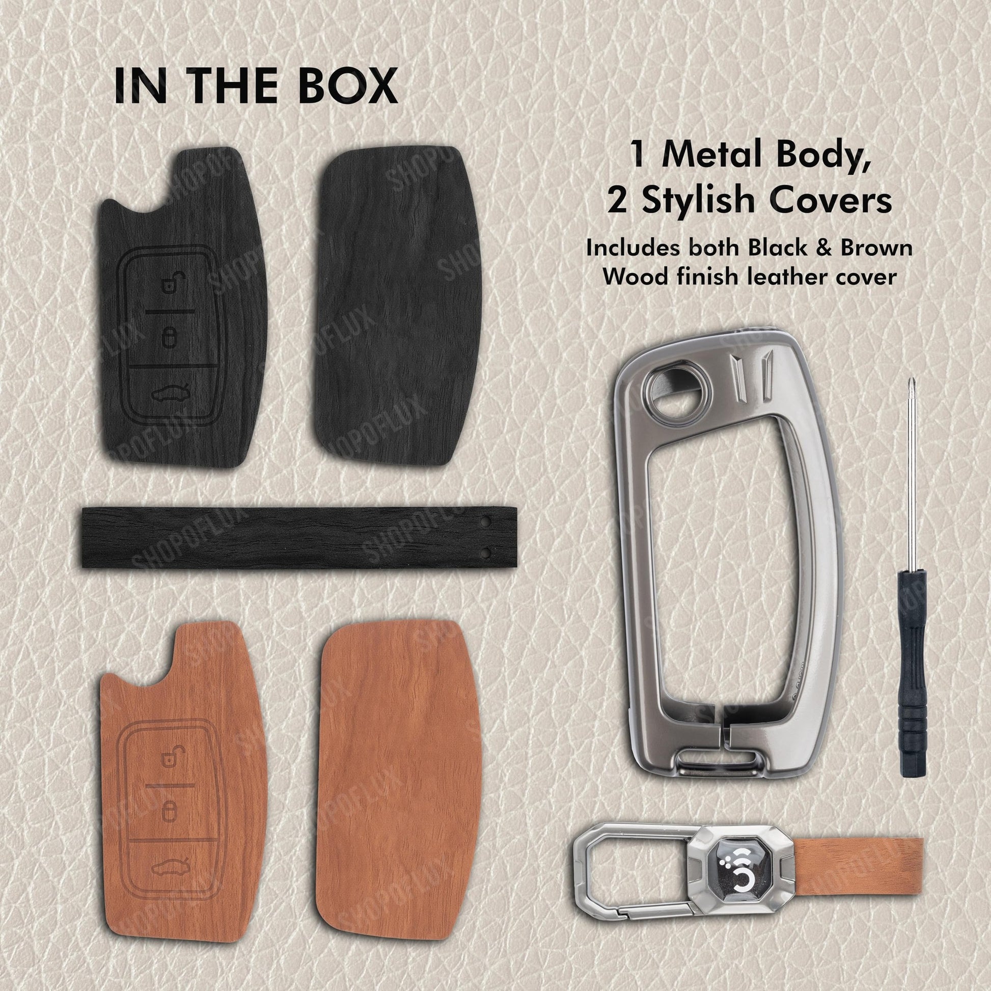 SHOPOFLUX Metal Key Cover Compatible for Ford Old Ecosport | Fiesta | Figo 3 Button Flip Key (Black Brown Leather) Shopoflux