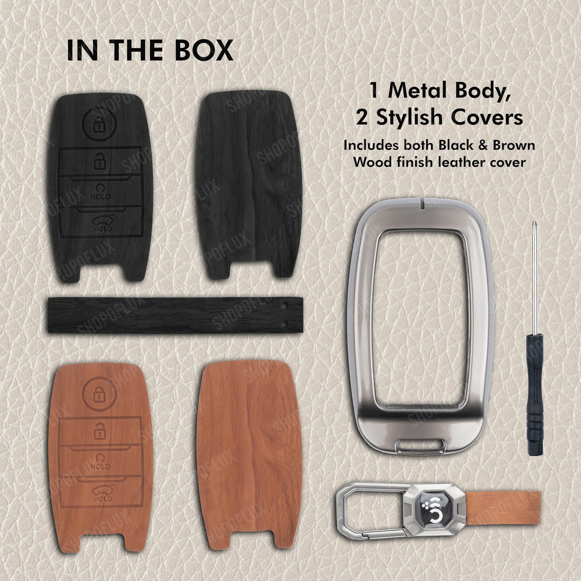 SHOPOFLUX Metal Key Cover Compatible with Kia Seltos | Sonet | Carens 4 Button Smart Key (Black Brown Leather) Shopoflux