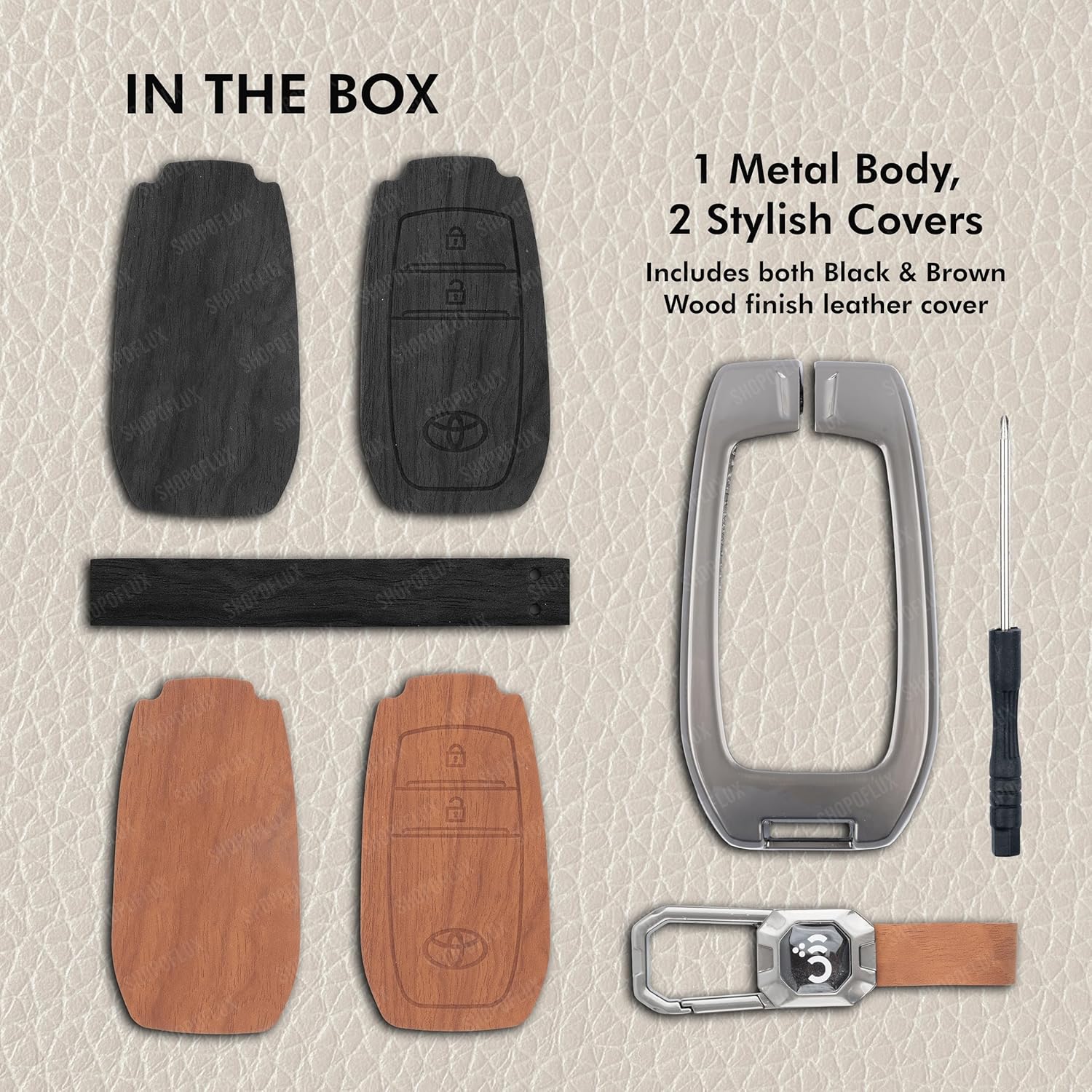 SHOPOFLUX Metal Key Cover Compatible with Toyota Innova Crysta, Hilux, Invicto 2 Button Smart Only (Leather Black Brown) Shopoflux