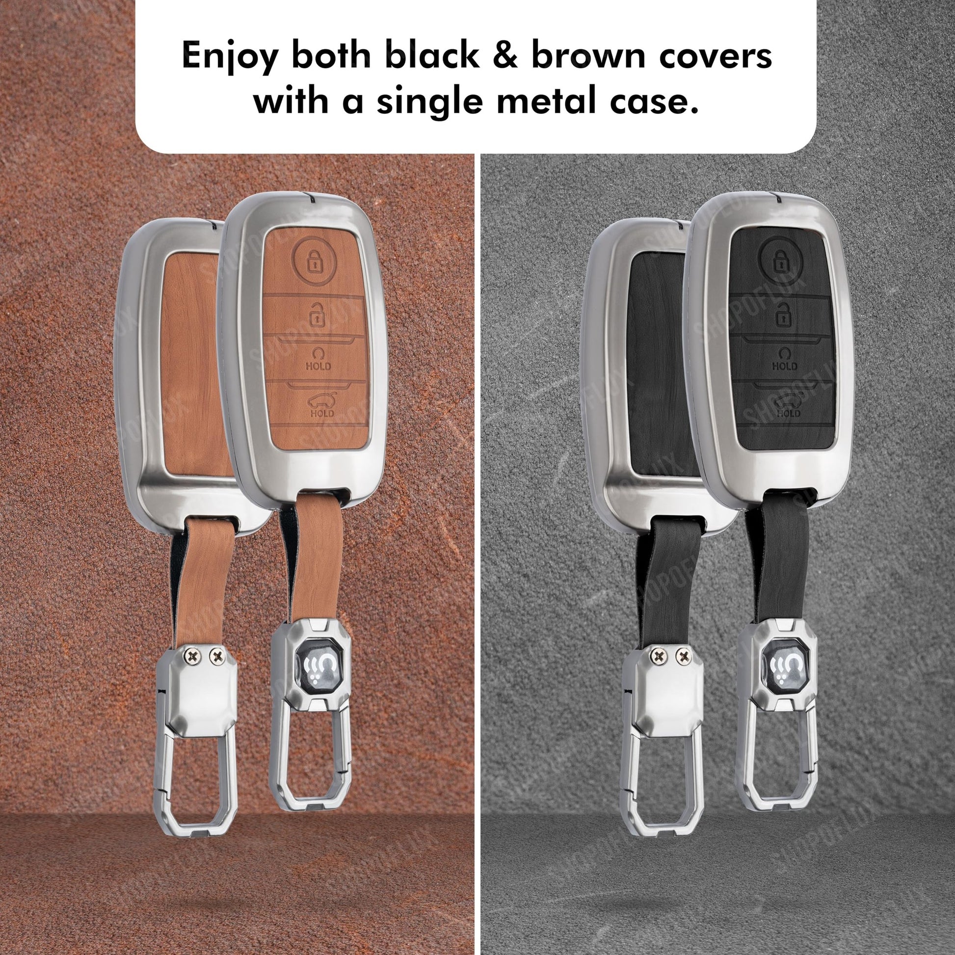 SHOPOFLUX Metal Key Cover Compatible with Kia Seltos | Sonet | Carens 4 Button Smart Key (Black Brown Leather) Shopoflux