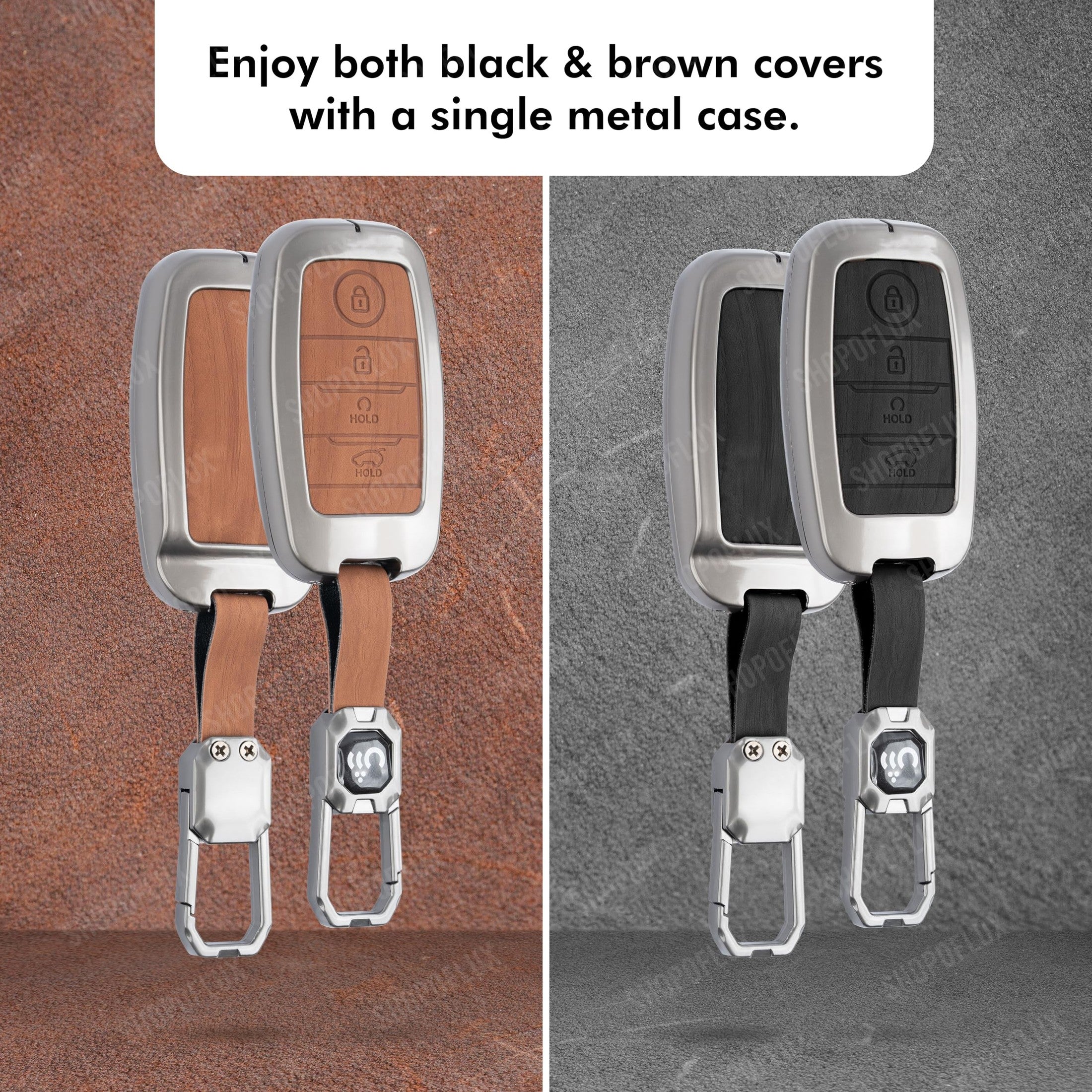 SHOPOFLUX Metal Key Cover Compatible with Kia Seltos | Sonet | Carens 4 Button Smart Key (Black Brown Leather) Shopoflux