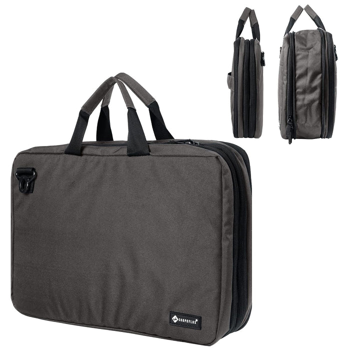 Grey laptop messenger bag shown expanded and closed