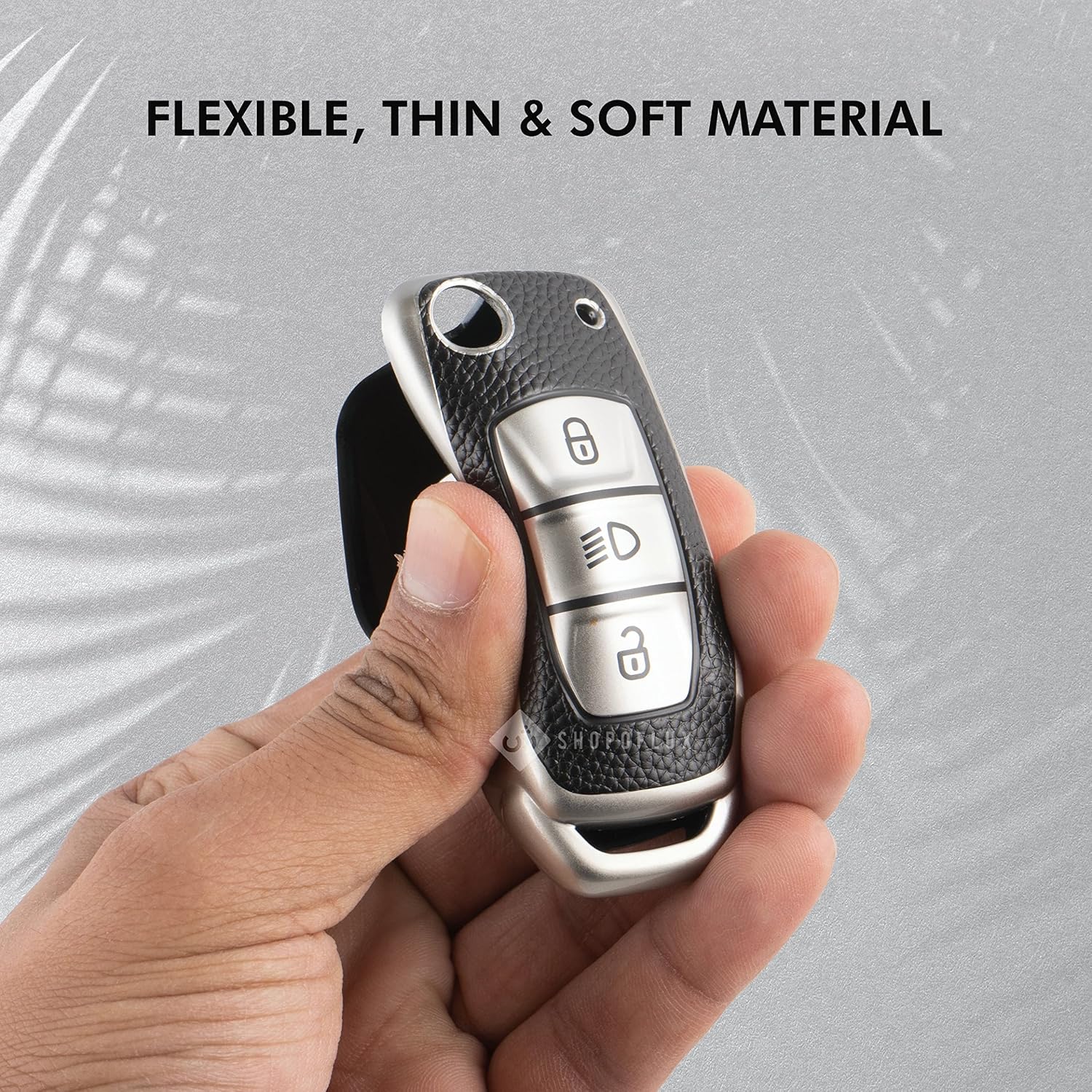 SHOPOFLUX TPU Leather Key Cover Compatible with Tata Tiago | Nexon | Altroz | Safari | Storme | Zest | Bolt | Tigor | Punch | Hexa 3 Button Flip Key Black Silver