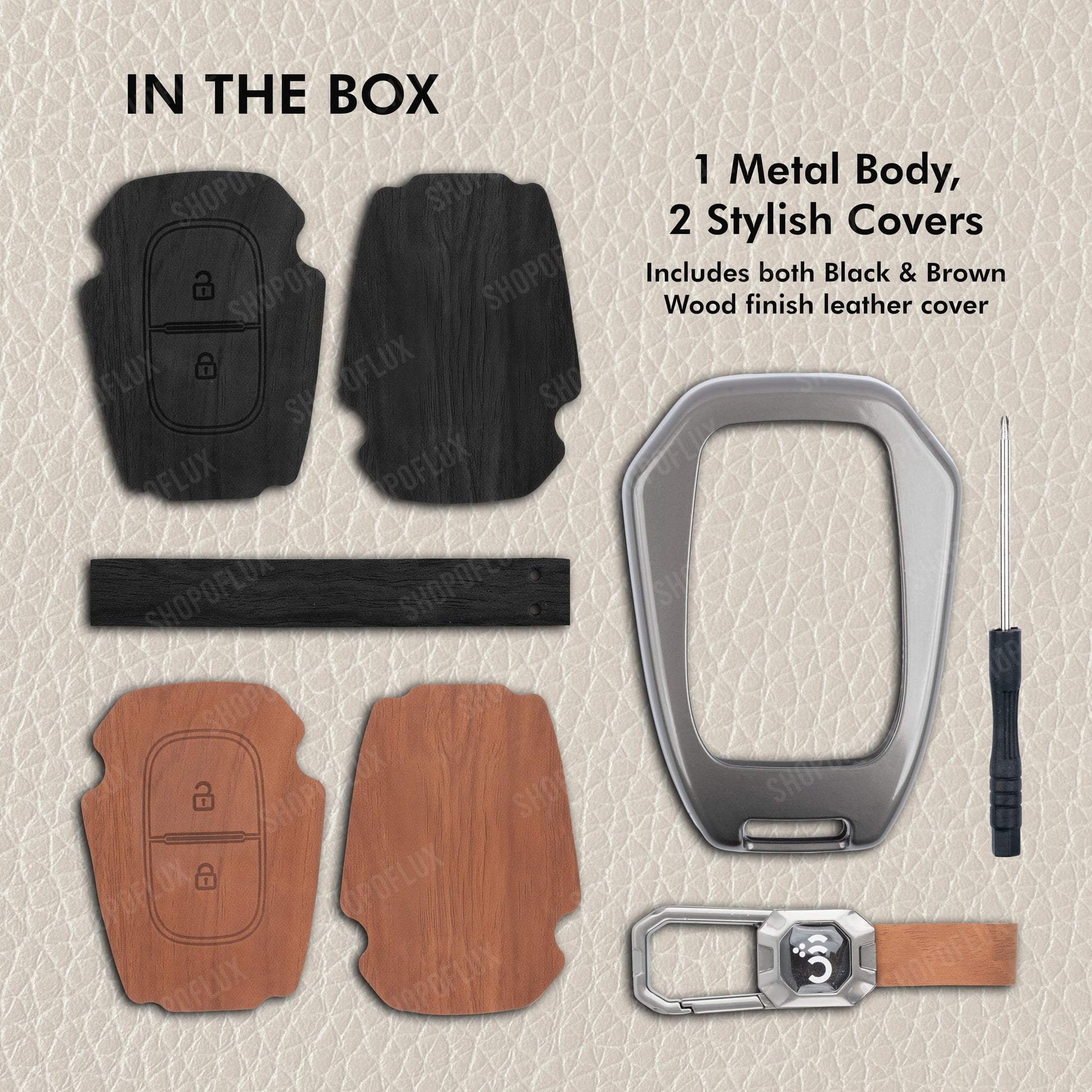 SHOPOFLUX Metal Key Cover Compatible with Renault Kwid | Triber | Kiger | Duster (Black Brown Leather) Shopoflux