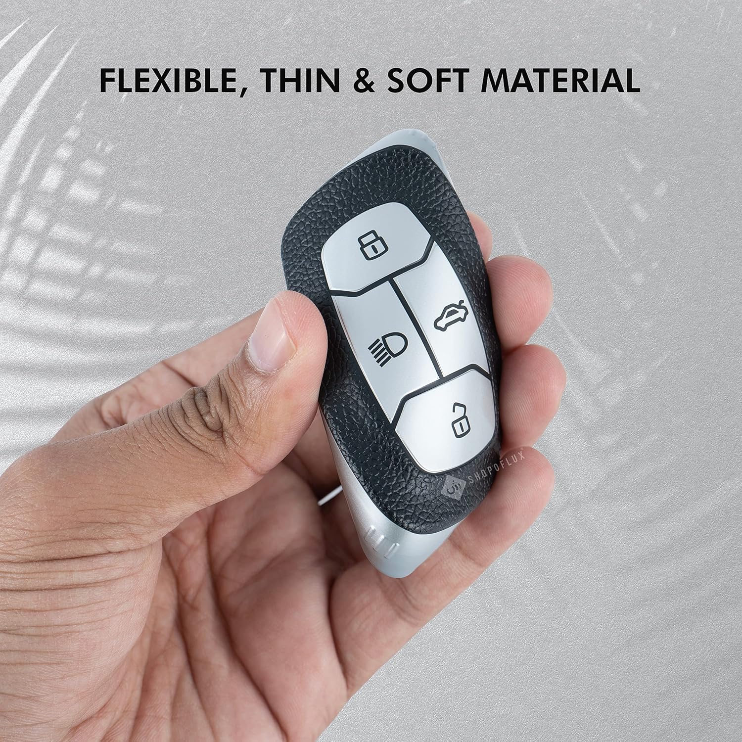 SHOPOFLUX TPU Leather Key Cover Compatible with Tata Nexon | Harrier | Safari | Altroz | Tigor | EV | Punch | Tiago EV Electric 4 Button Smart Key Only Blue Gold