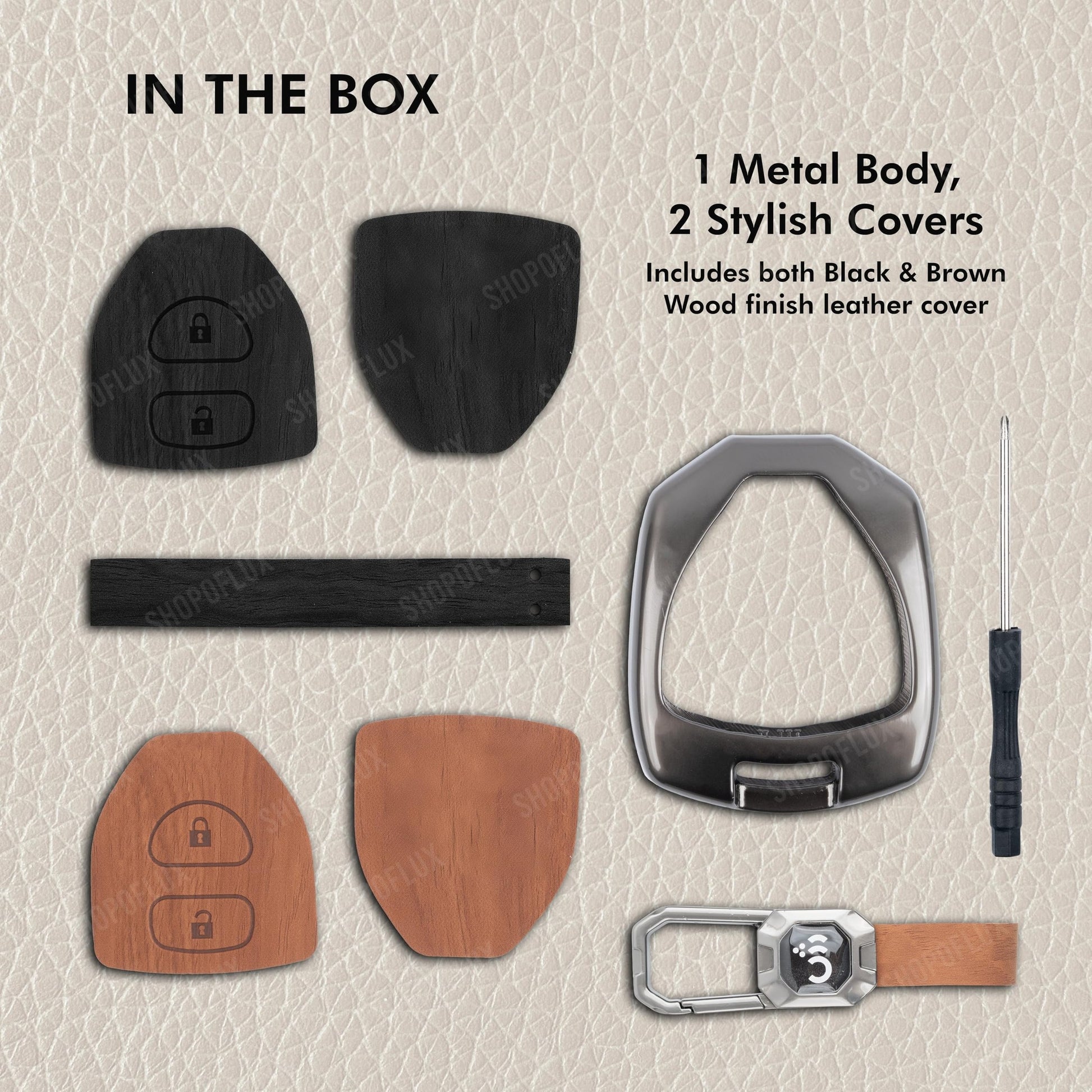 SHOPOFLUX Metal Key Cover Compatible for Toyota Old Innova, Fortuner, Corolla, Camry 2 Button Key (Black Brown Leather) Shopoflux
