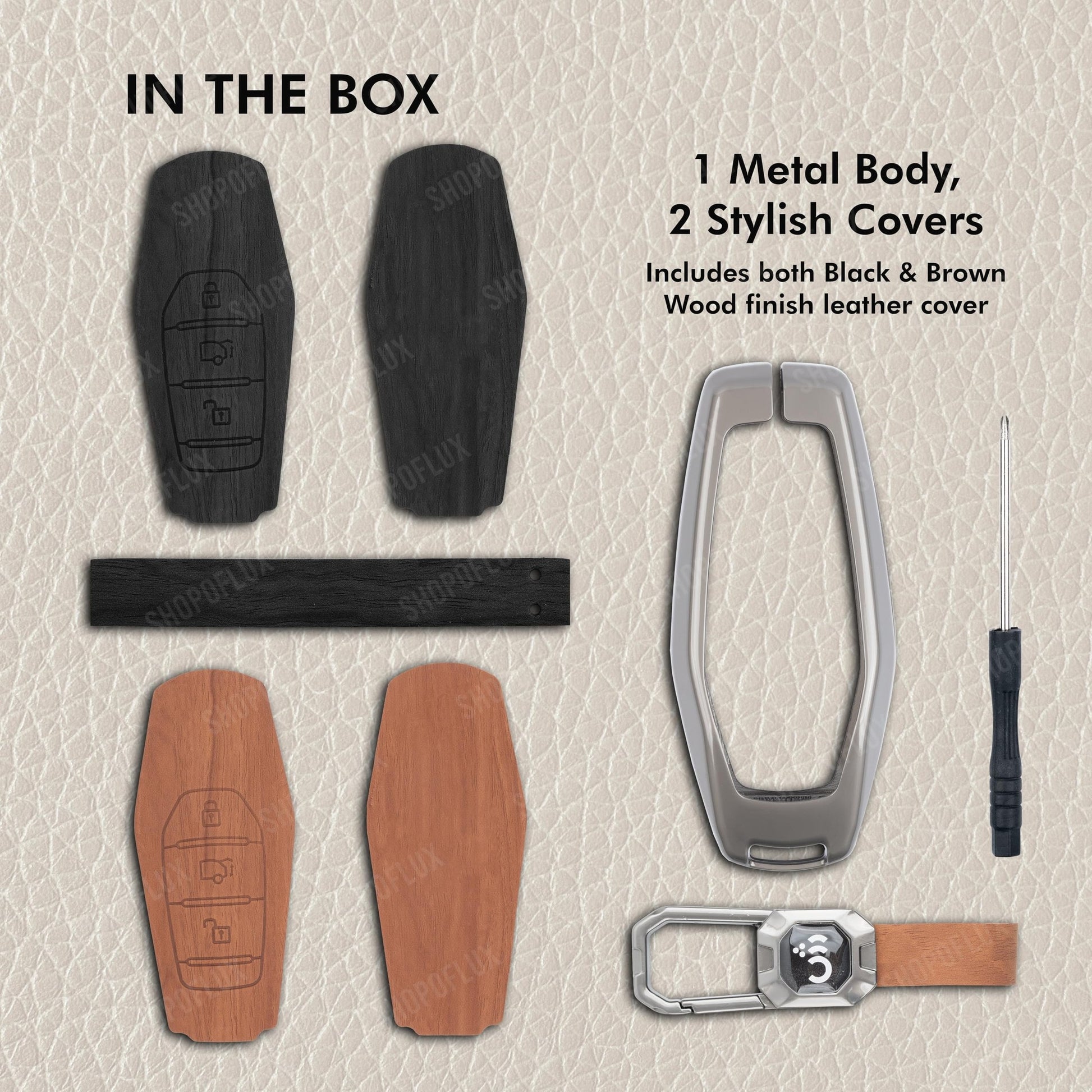SHOPOFLUX Metal Key Cover Compatible with Mahindra XUV 500 Smart Key | Accessories (Black Brown Leather) Shopoflux