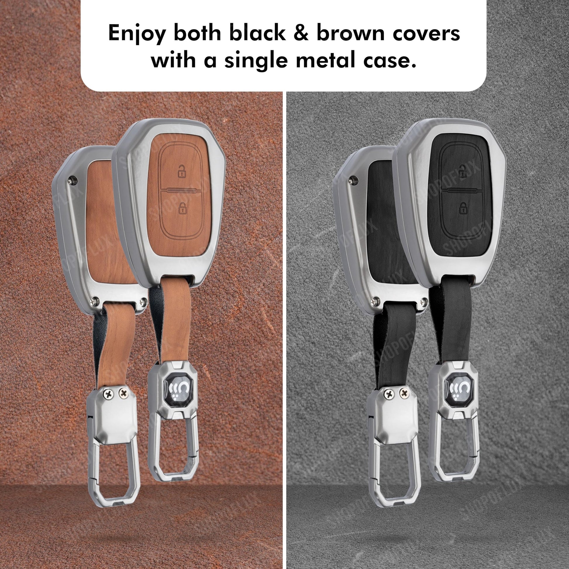SHOPOFLUX Metal Key Cover Compatible with Renault Kwid | Triber | Kiger | Duster (Black Brown Leather) Shopoflux