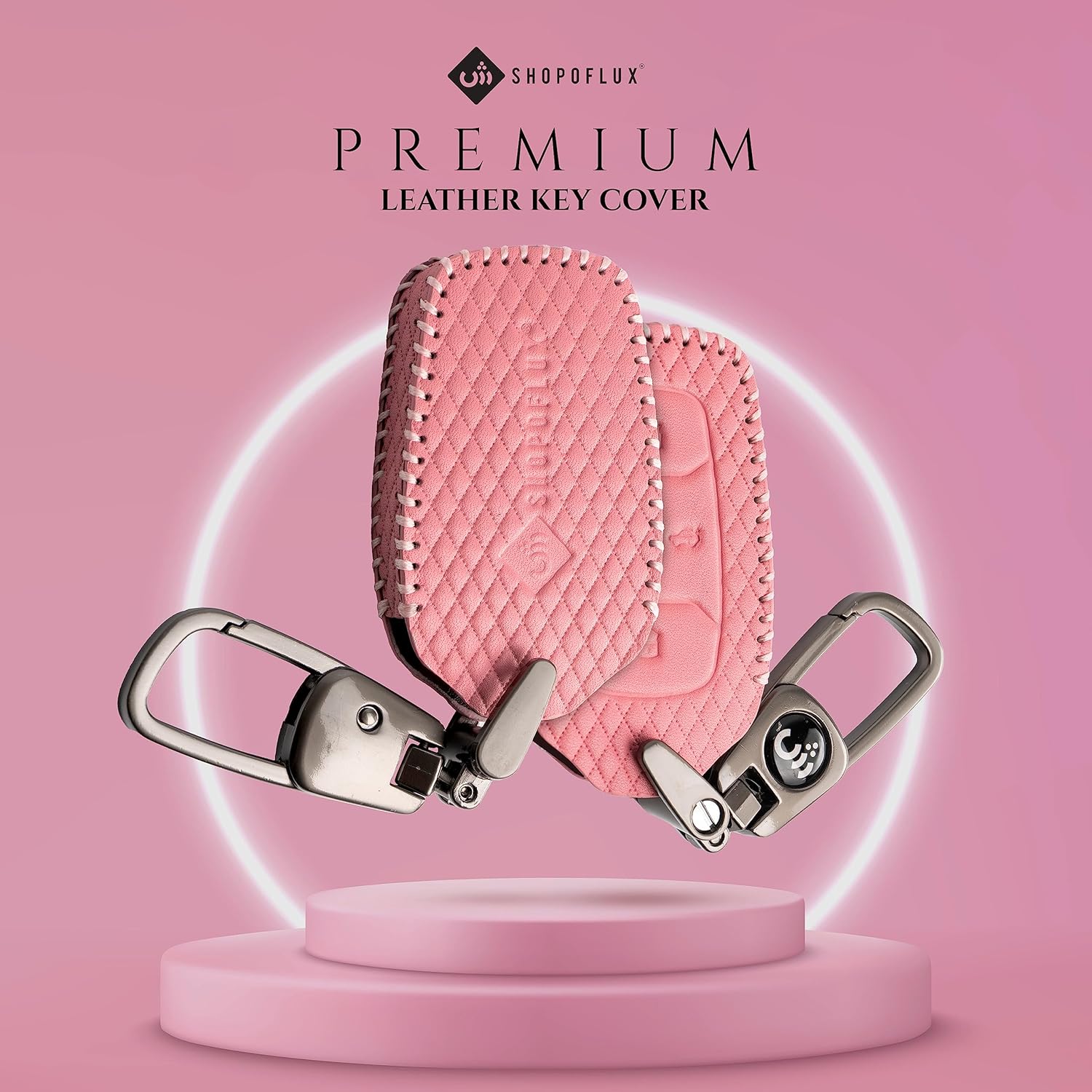 SHOPOFLUX Leather Key Cover Compatible with Tata Nexon | Harrier | Safari | Altroz | Tigor | EV | Punch | Tiago EV Electric 4 Button Smart Key Only Leather Pink, 1