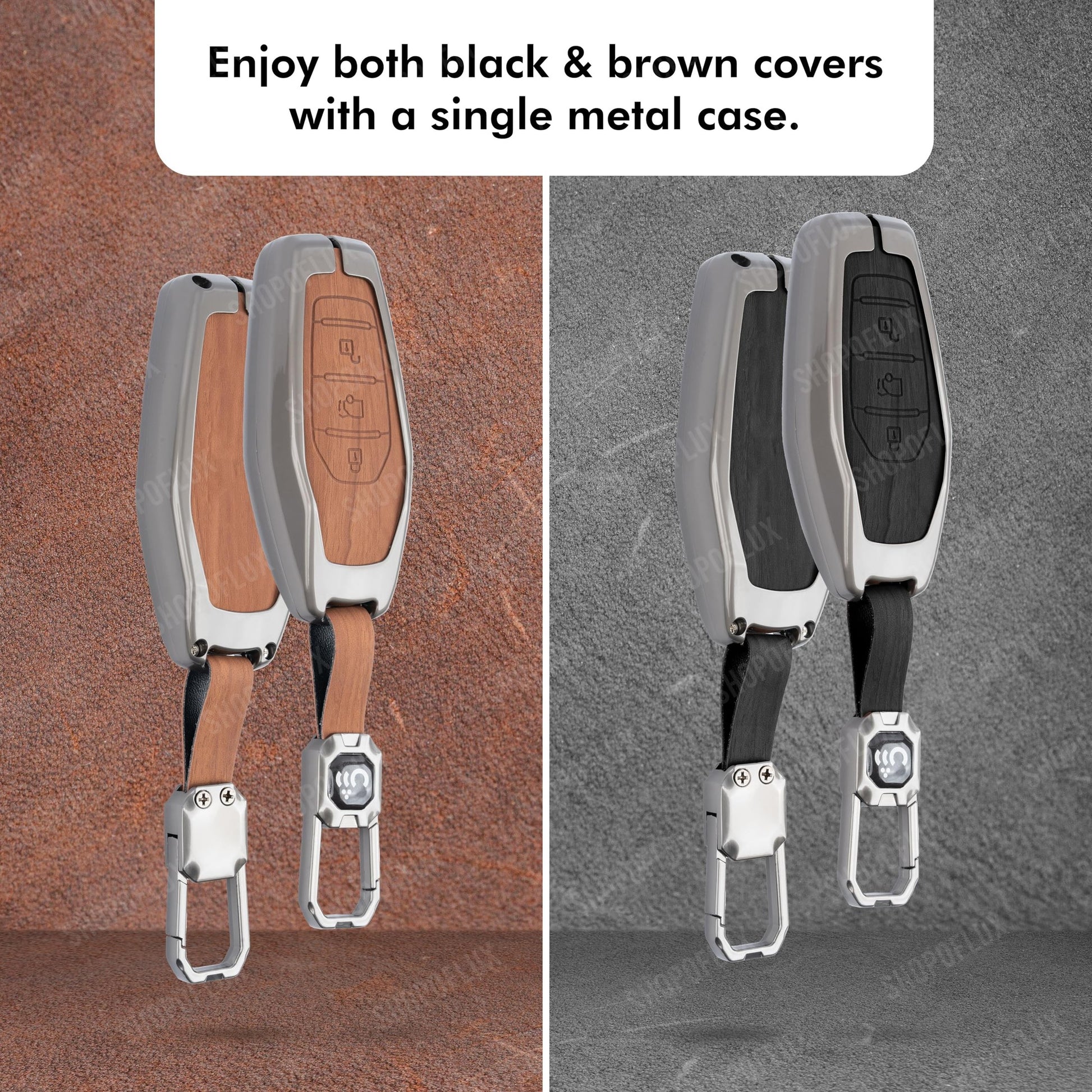 SHOPOFLUX Metal Key Cover Compatible with Mahindra XUV 500 Smart Key | Accessories (Black Brown Leather) Shopoflux