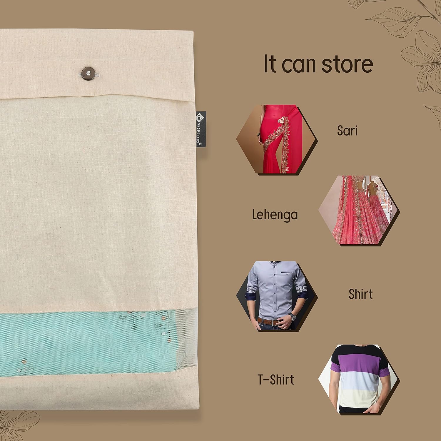 SHOPOFLUX Cotton Saree Covers 3 Pieces | Saree Bags | Clothes Bag for Travelling and Wardrobe Organizer with Transparent Mesh Window 16 x 14 Inches 3