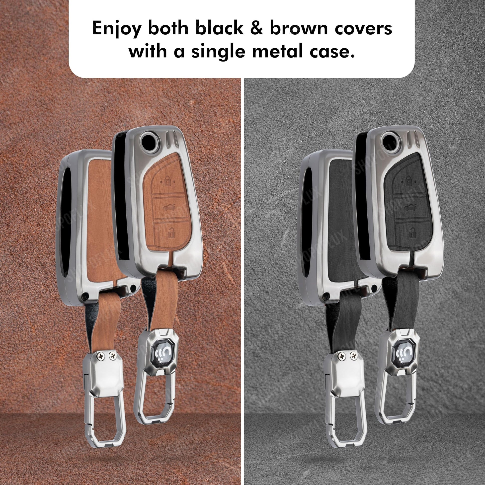 SHOPOFLUX Metal Key Cover Compatible with Toyota Innova Crysta | Corolla Altis 3 Button Flip Key (Black Brown Leather) Shopoflux