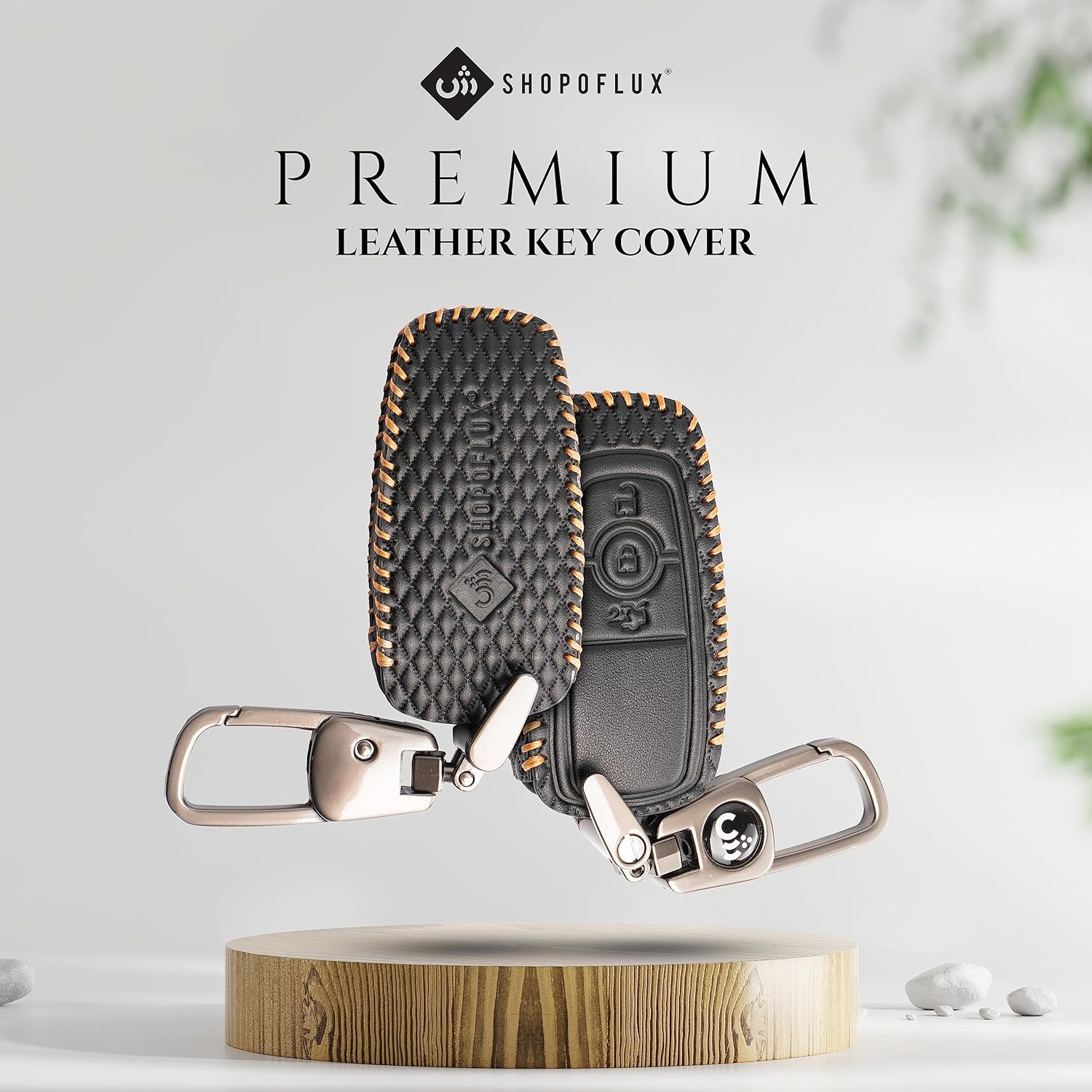 SHOPOFLUX Leather Key Cover Compatible with Endeavour | Figo | Aspire | Freestyle Titanium 3 Button Smart Key