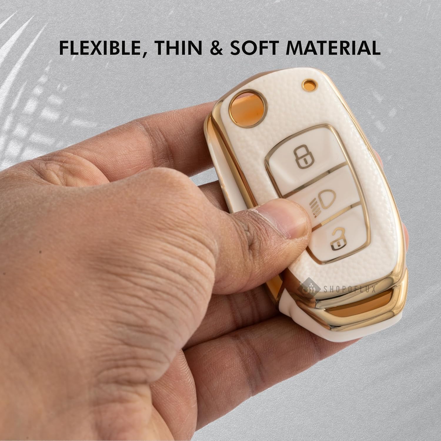 SHOPOFLUX TPU Leather Key Cover Compatible with Tata Tiago | Nexon | Altroz | Safari | Storme | Zest | Bolt | Tigor | Punch | Hexa 3 Button Flip Key White Gold