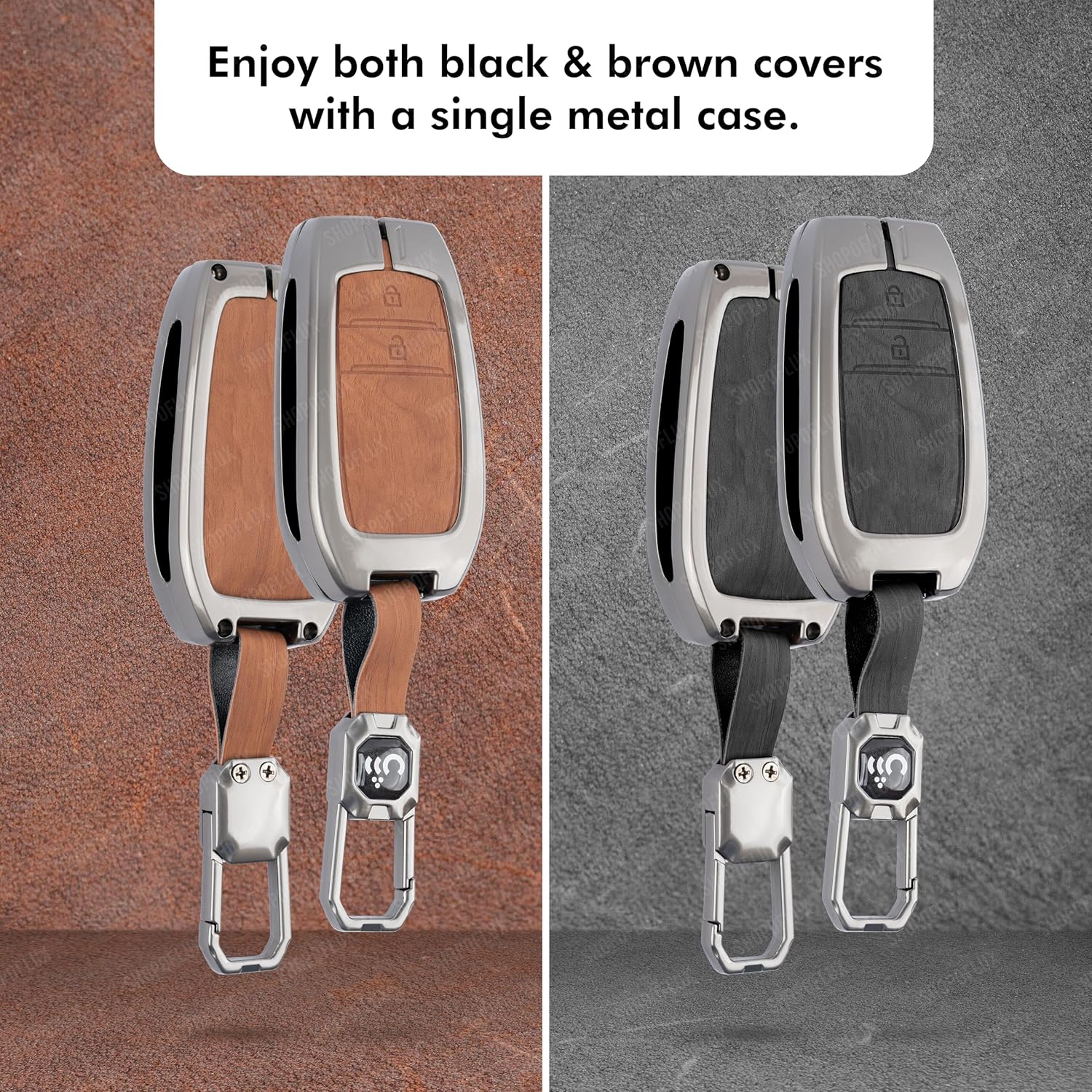 SHOPOFLUX Metal Key Cover Compatible with Toyota Innova Crysta, Hilux, Invicto 2 Button Smart Only (Leather Black Brown) Shopoflux