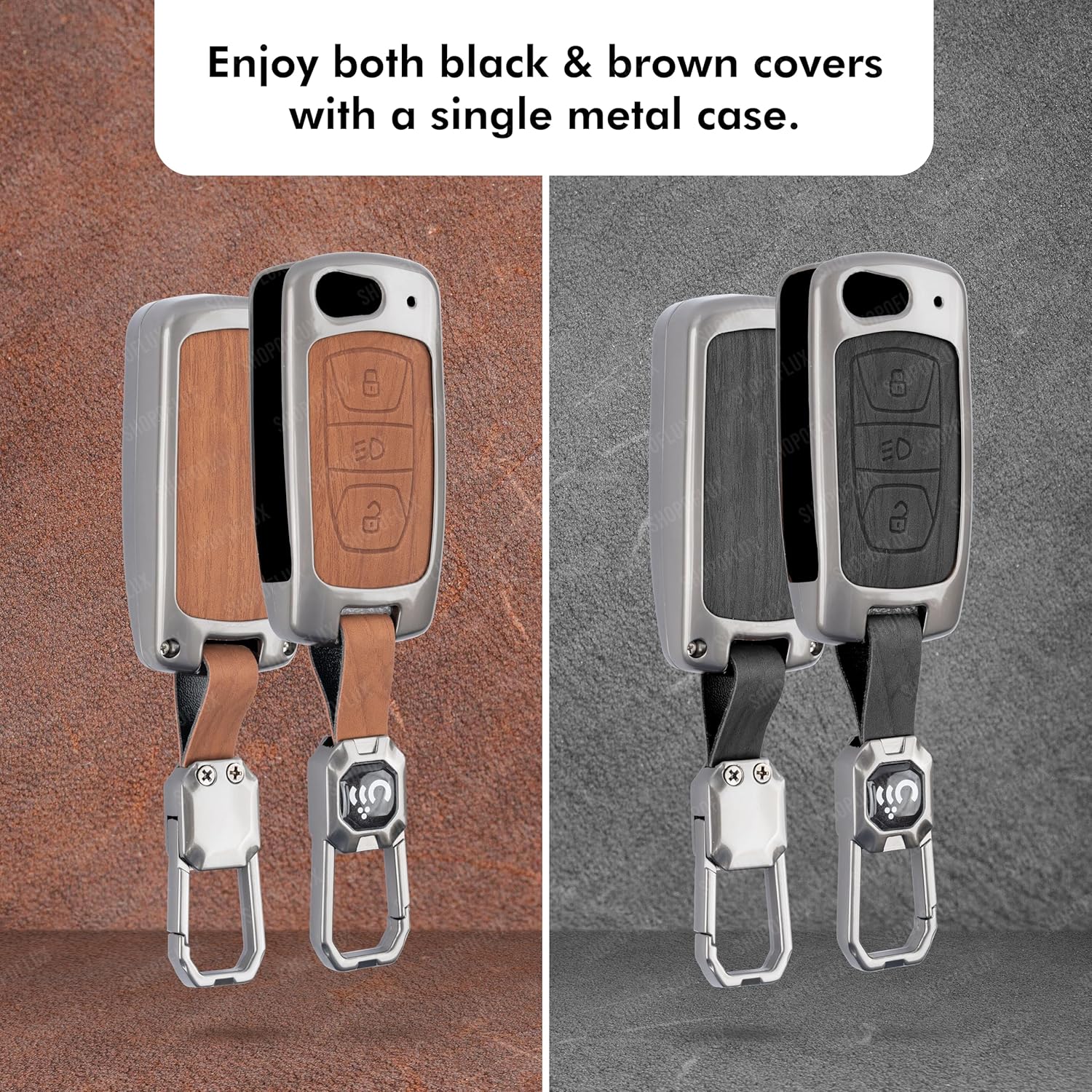 SHOPOFLUX Metal Key Cover Compatible with Tata Tiago | Nexon | Altroz | Curvv | Safari | Storme | Zest | Bolt | Tigor | Punch | Hexa 3 Button Flip Key (Leather Black Brown) Shopoflux