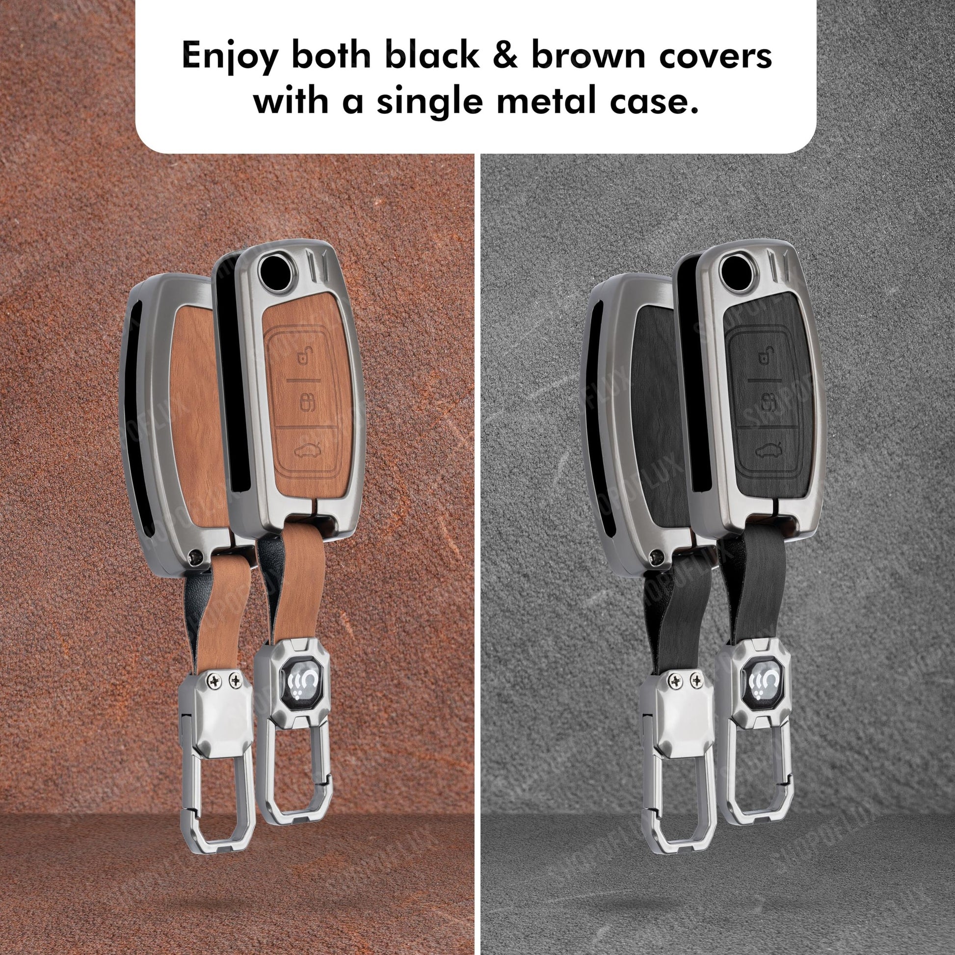 SHOPOFLUX Metal Key Cover Compatible for Ford Old Ecosport | Fiesta | Figo 3 Button Flip Key (Black Brown Leather) (Copy) Shopoflux