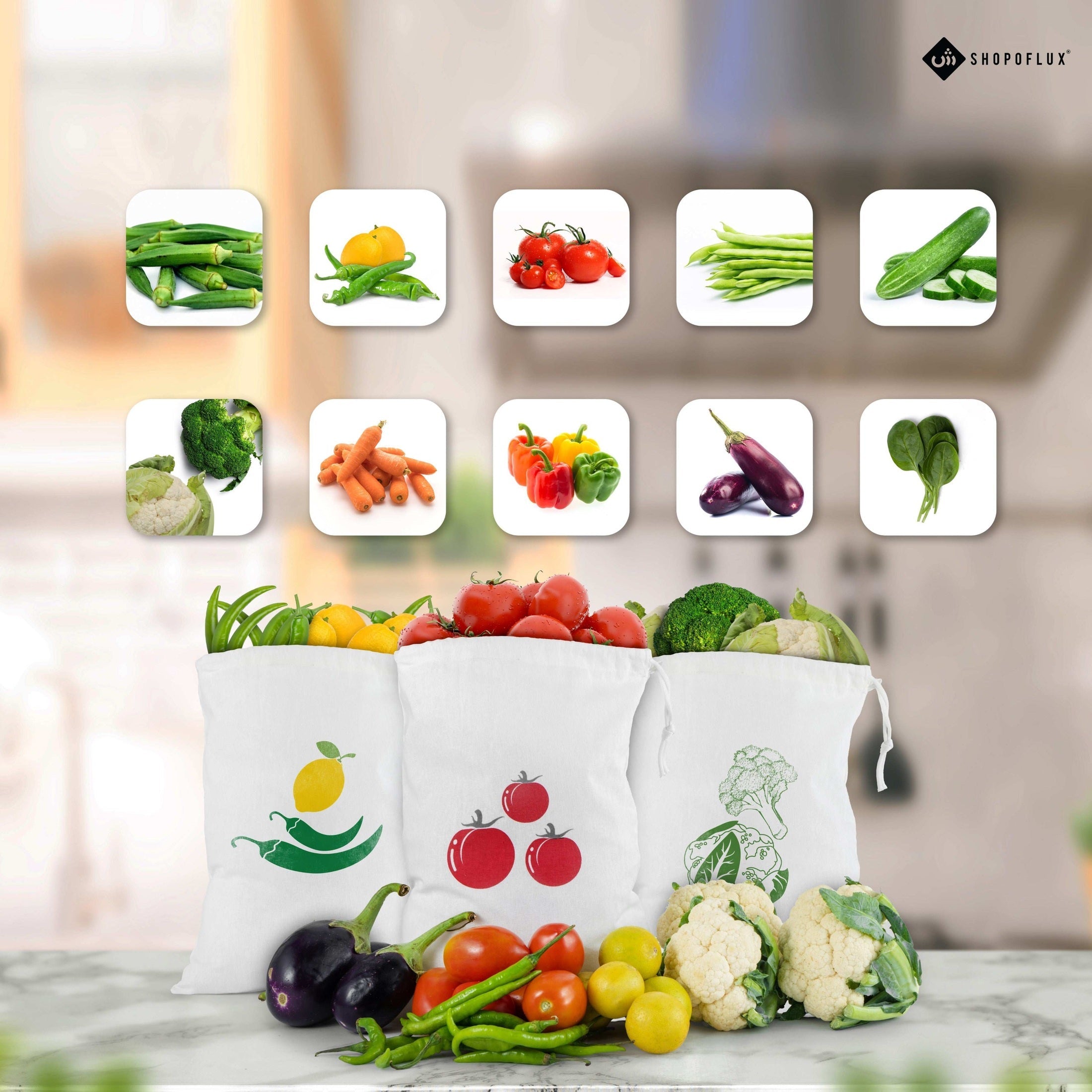 SHOPOFLUX Cotton Reusable Vegetable Storage Bag For Fridge Set Of 10 Bags Washable, Zip, 9 Inches, 12 Inch
